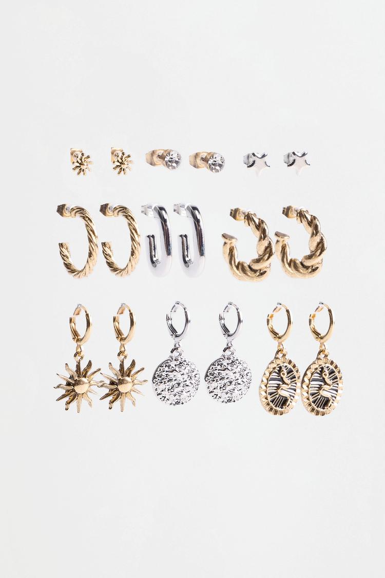 9-Pack of Mismatched Earrings — GOLD - SILVER