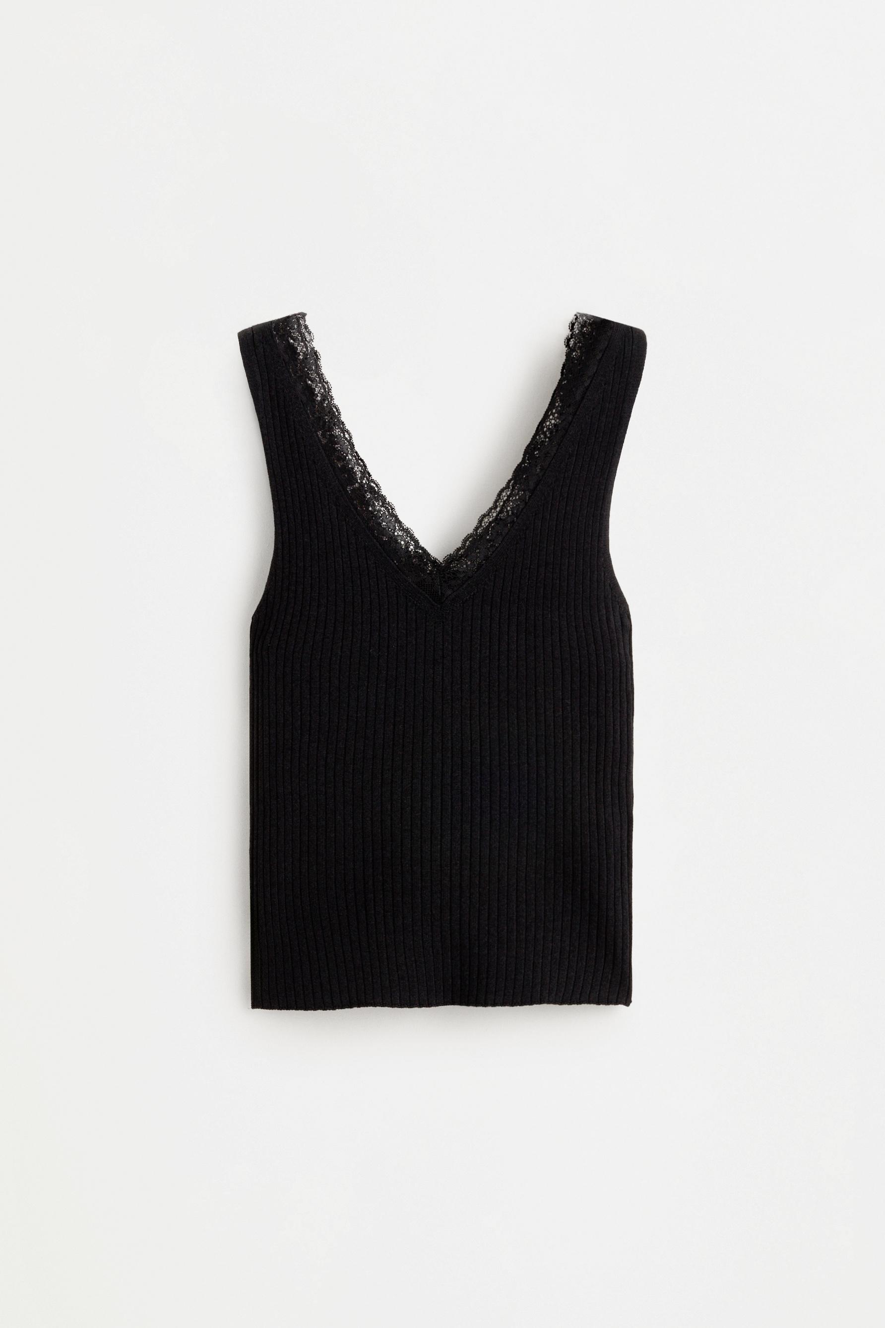 Ribbed lace knit top — BLACK
