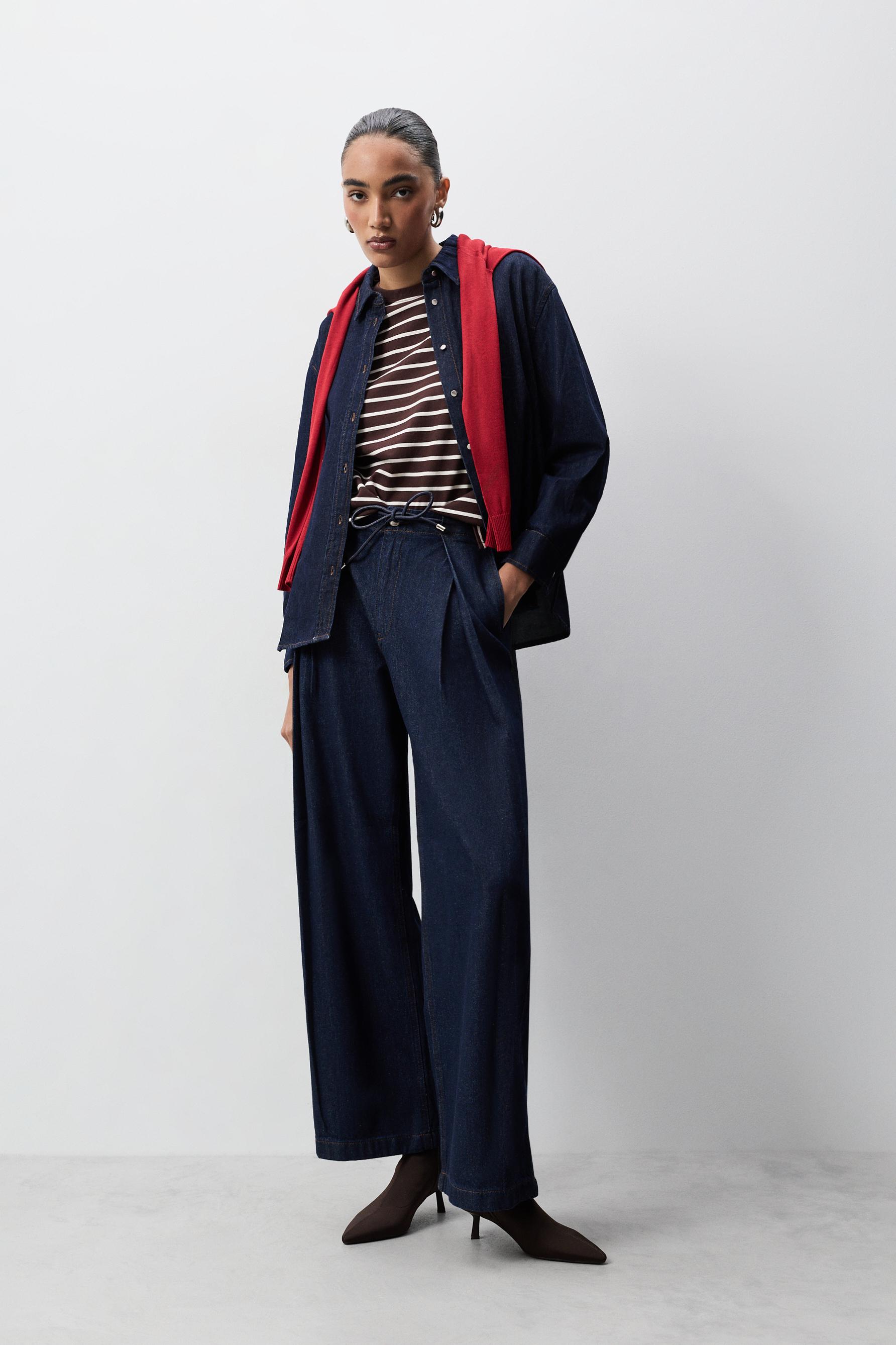 Jeans wide leg pliegues índigo