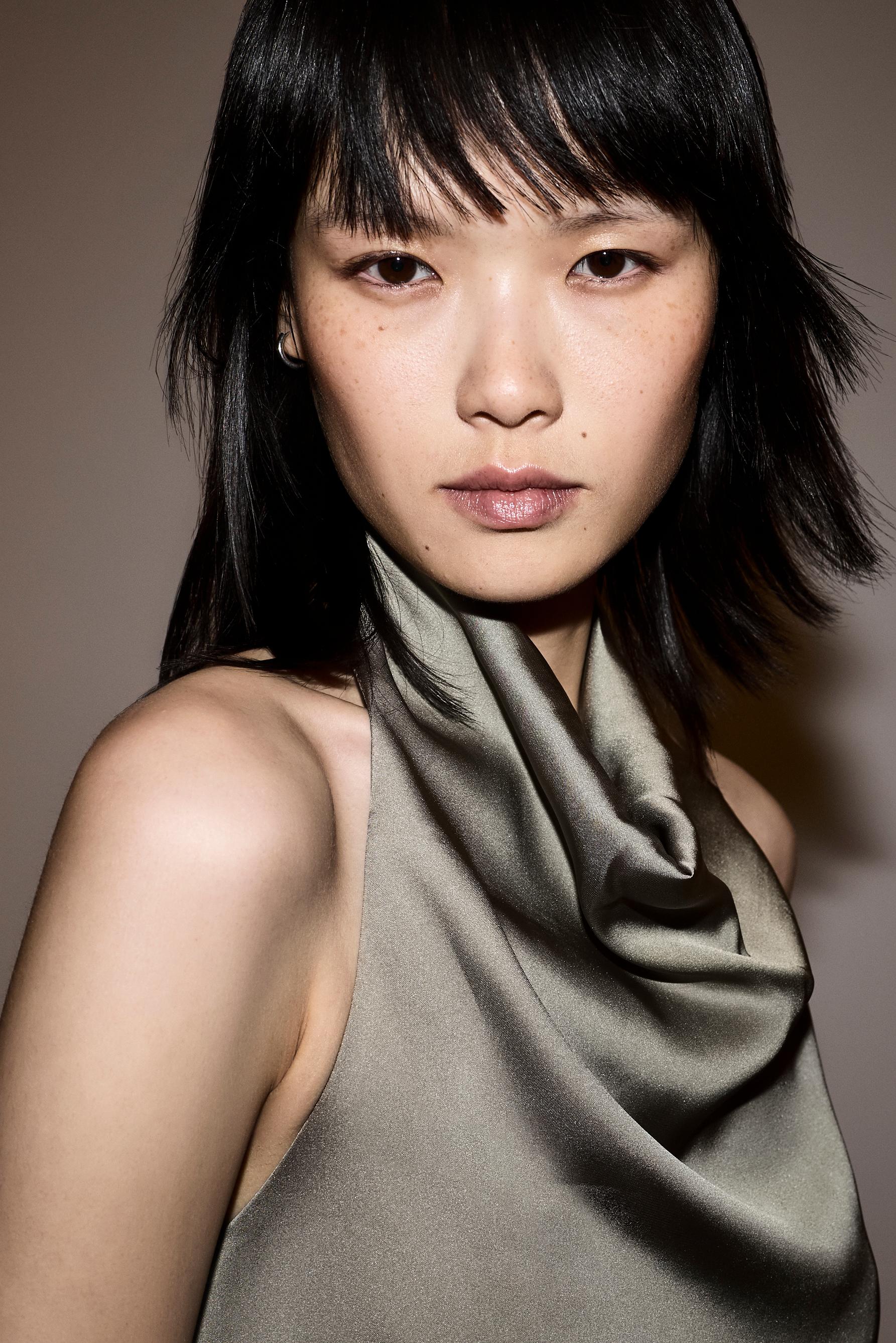 Asymmetric satin top — KHAKI
