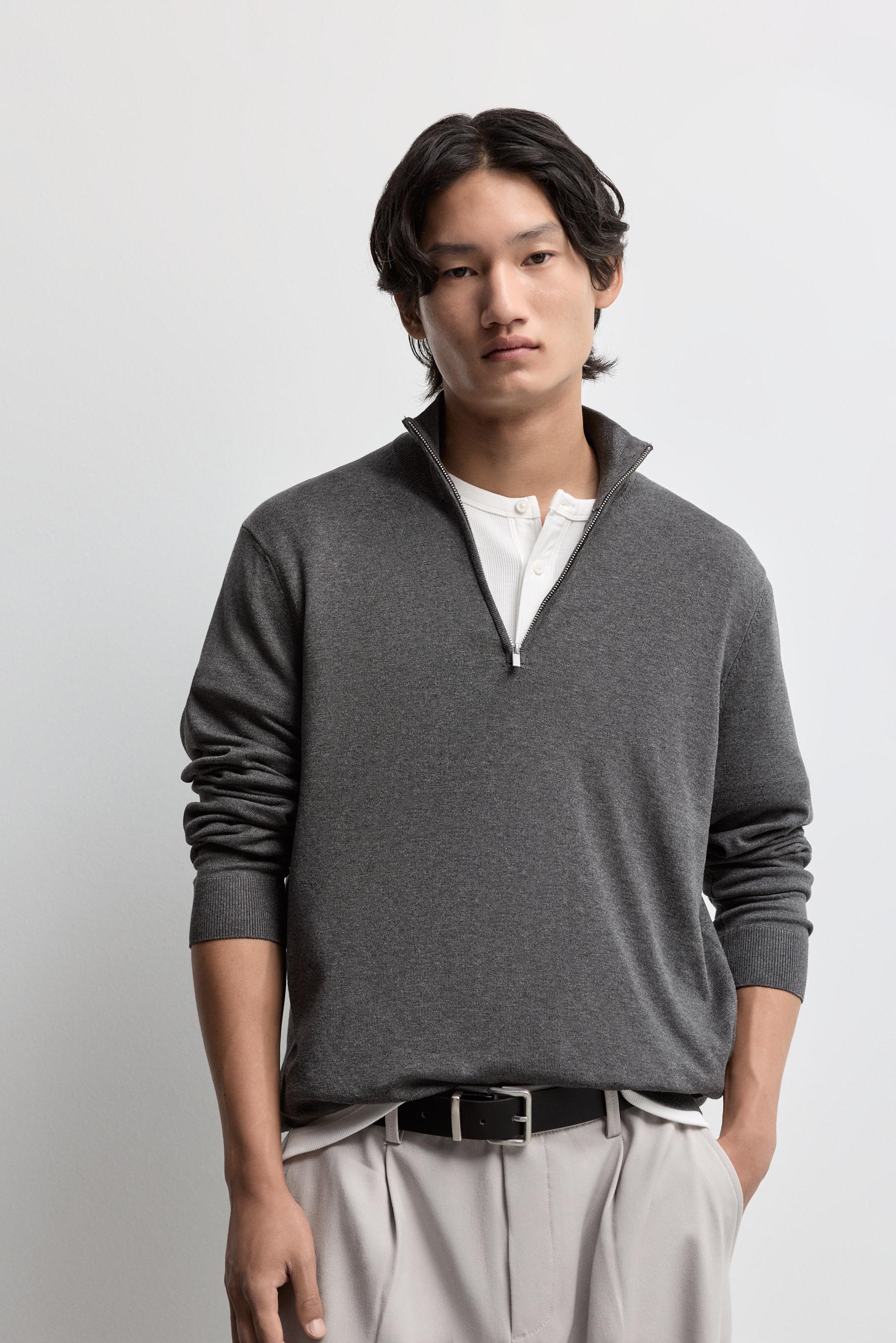 Zip-up high neck sweater — DARK GREY MARL