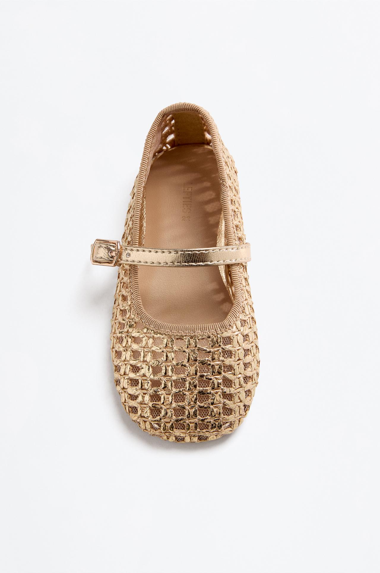 METALLIC MESH BALLET PUMPS — GOLD