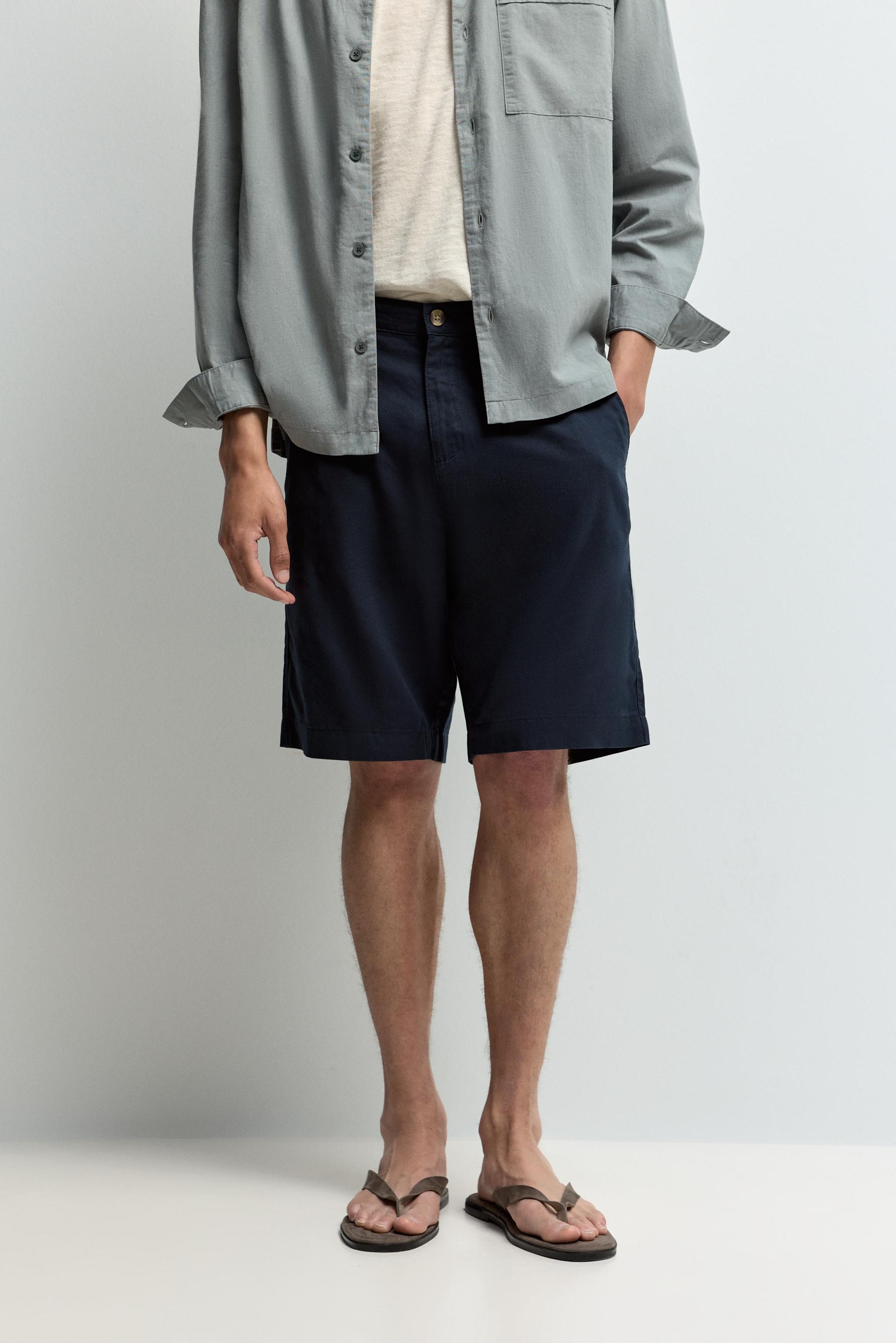 Cotton-linen chino Bermuda shorts — DARK BLUE
