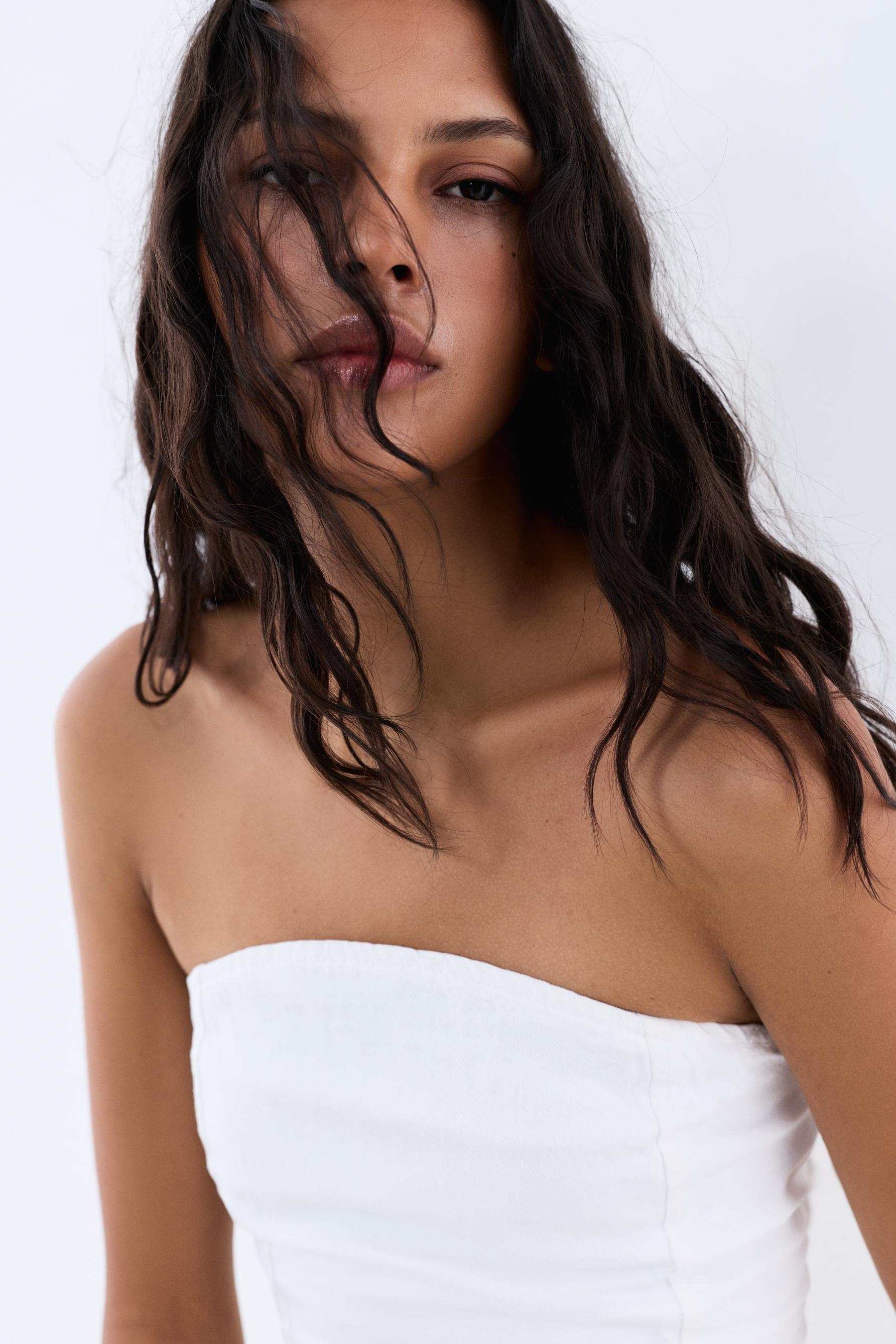 Denim peplum bandeau top — WHITE