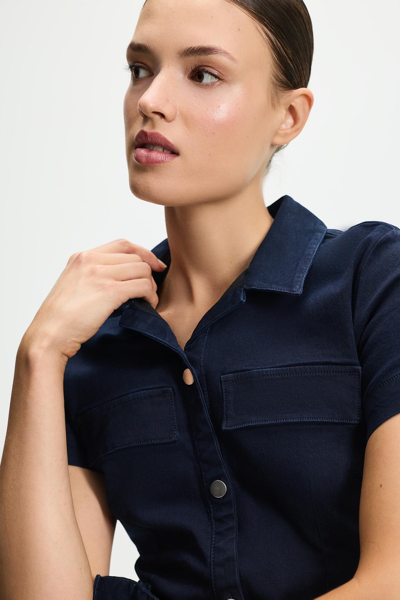 Fitted denim button-front dress — BLUE