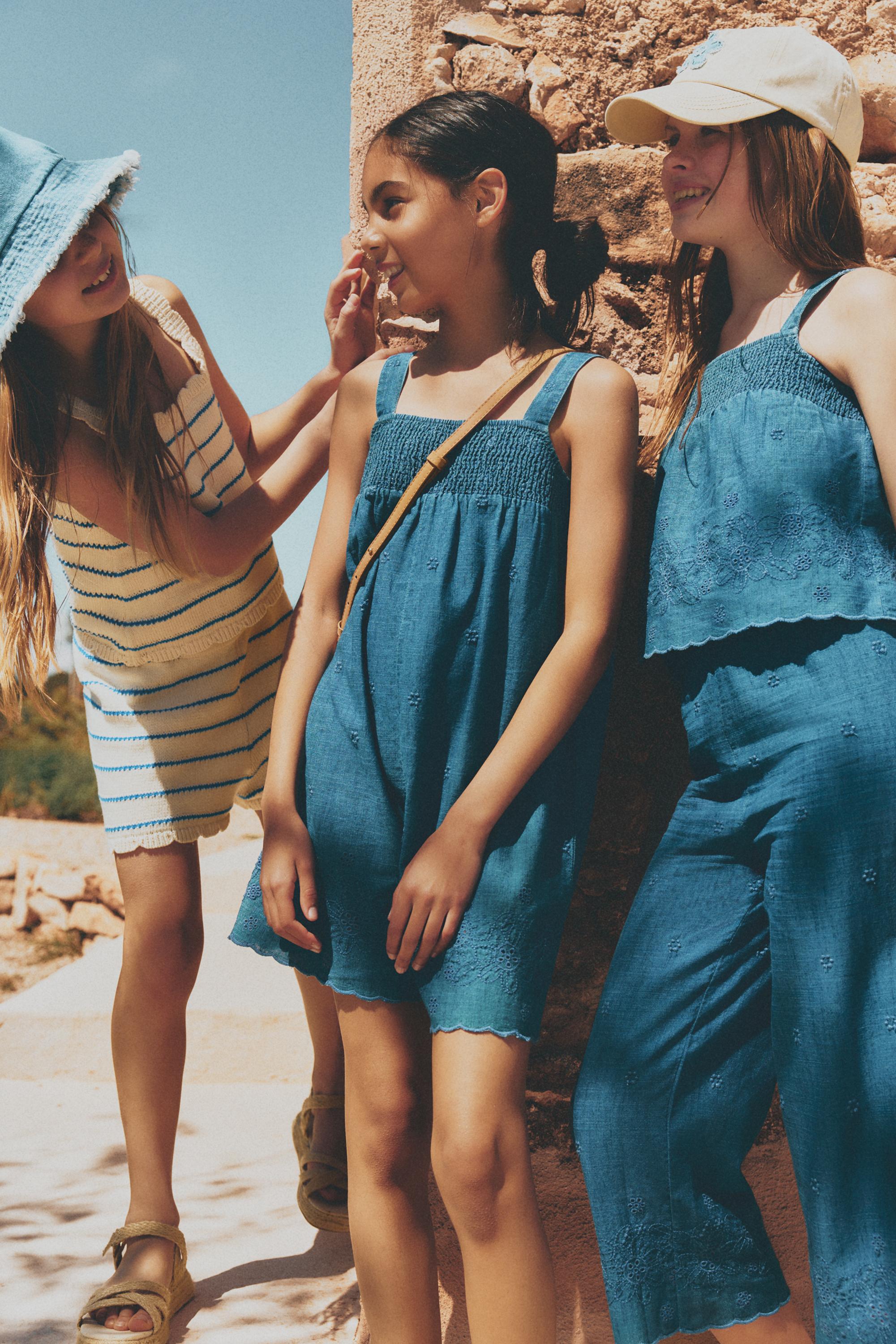 Girl's striped beige shorts — ECRU/BLUE