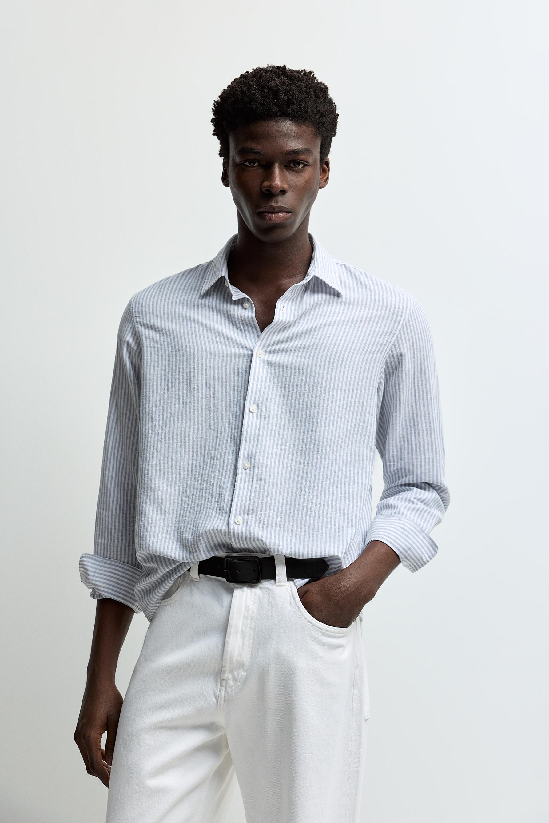 Cotton-linen striped shirt — SKY BLUE