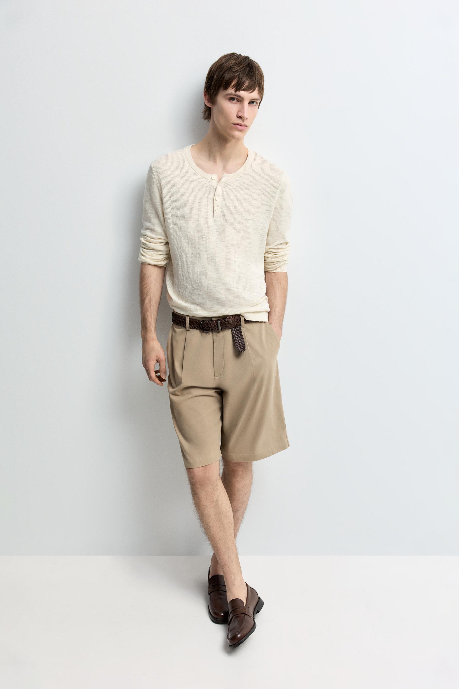 Pleated chino Bermuda shorts — SAND