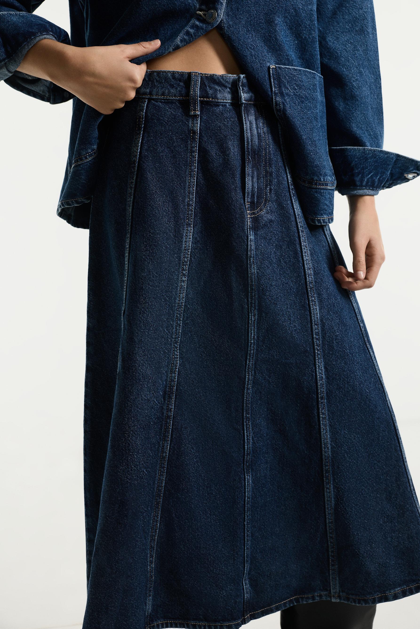 Godet denim midi skirt — BLUE MARL