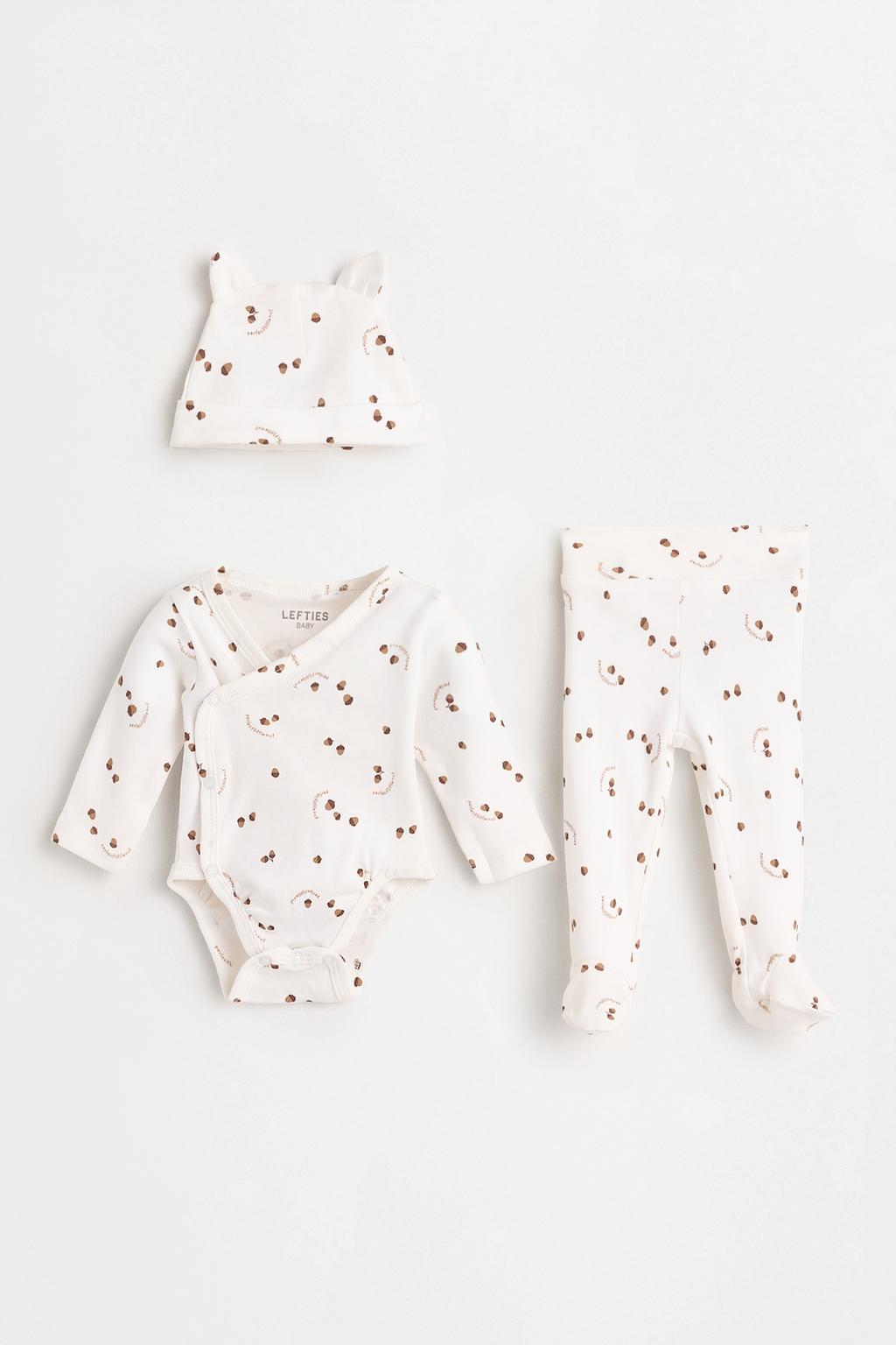 Printed bodysuit, footed leggings and hat set