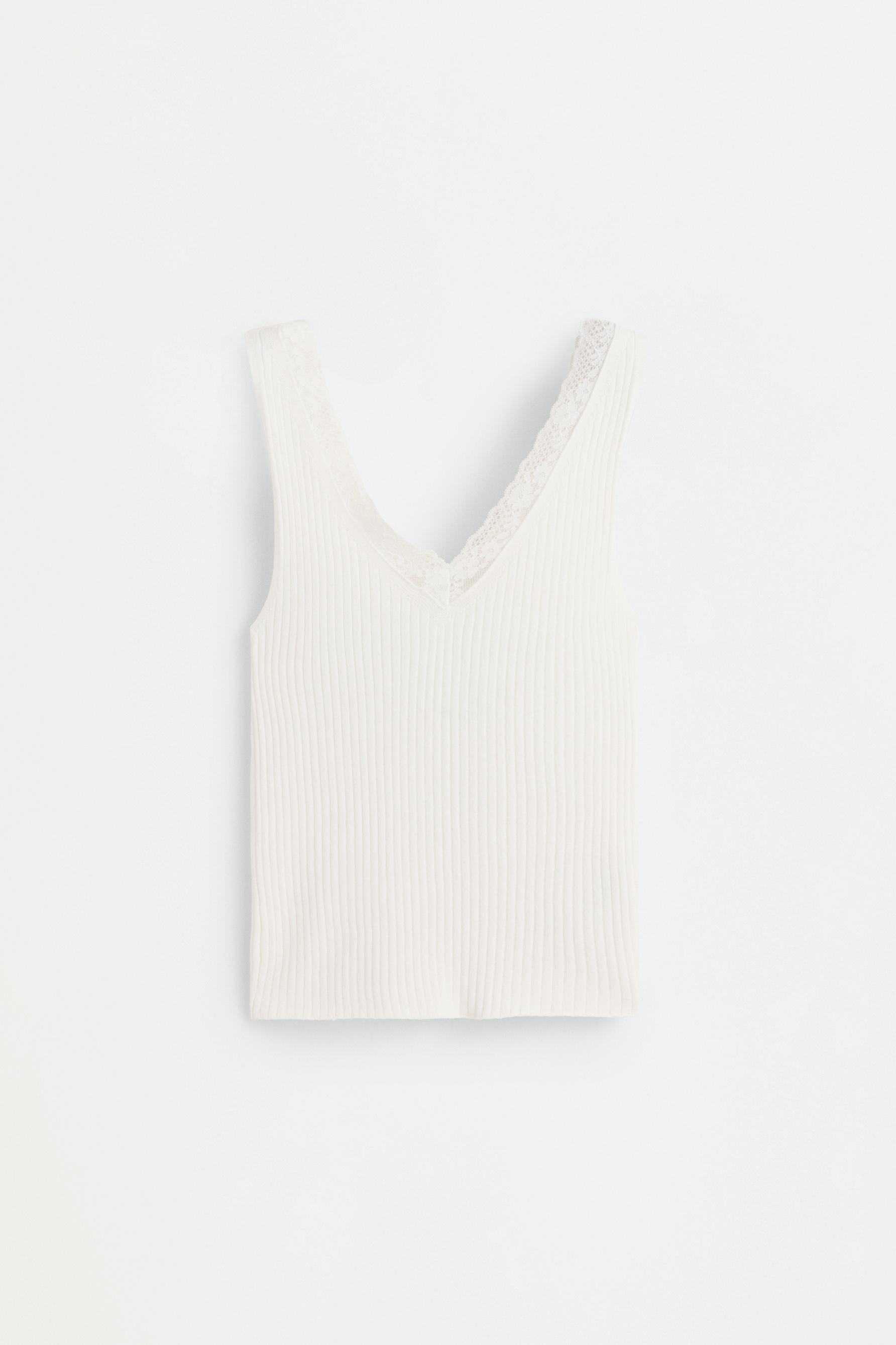 Ribbed lace knit top — WHITE