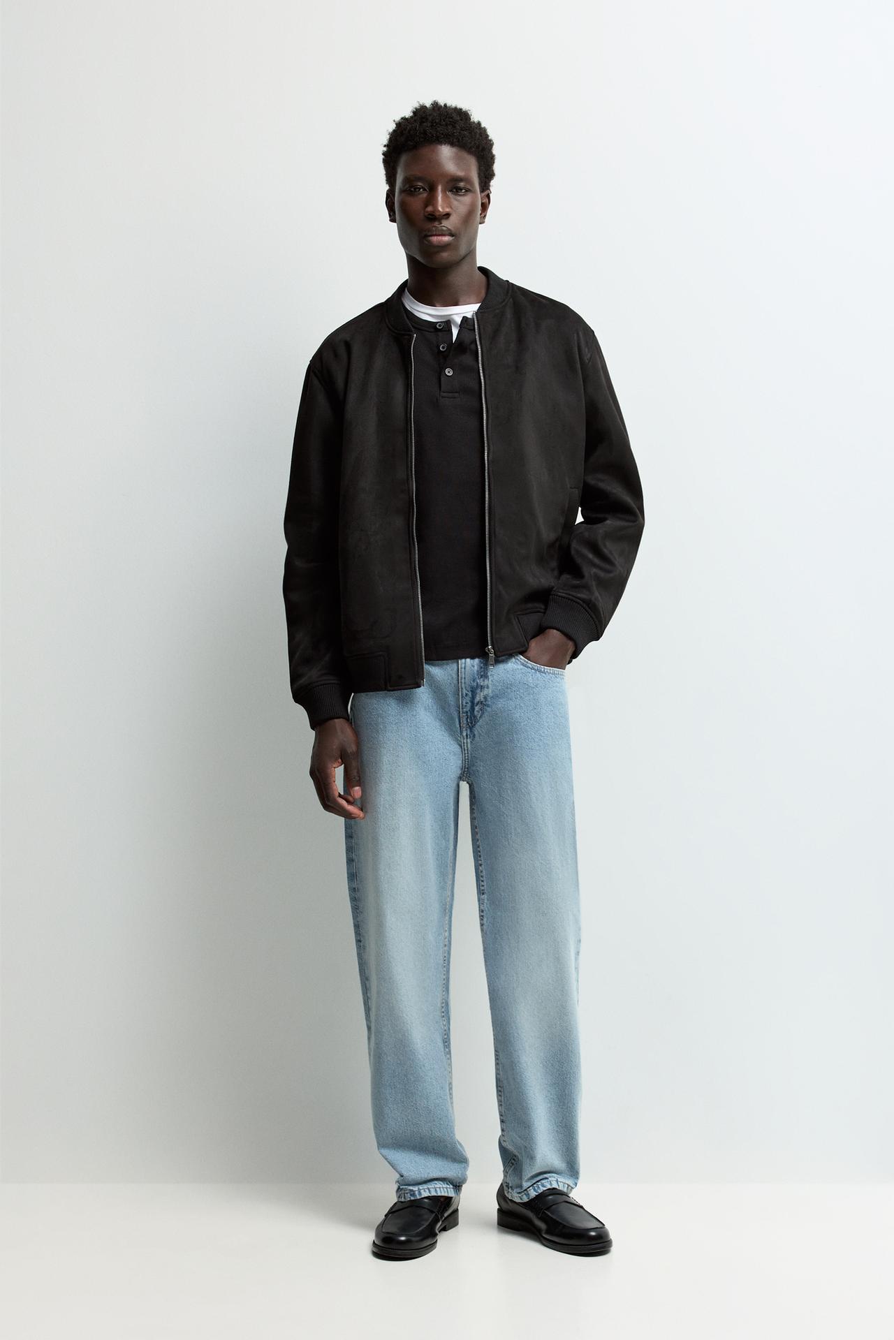 Faux suede bomber jacket — BLACK