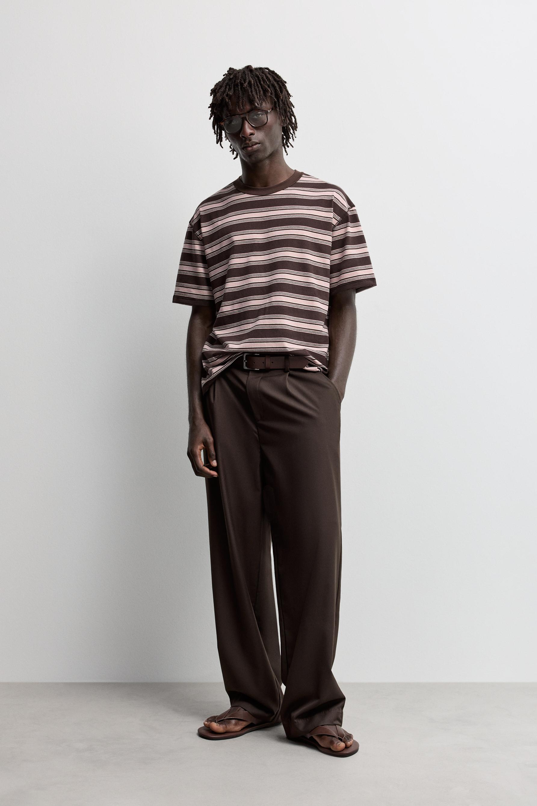 Textured striped T-shirt — BROWN