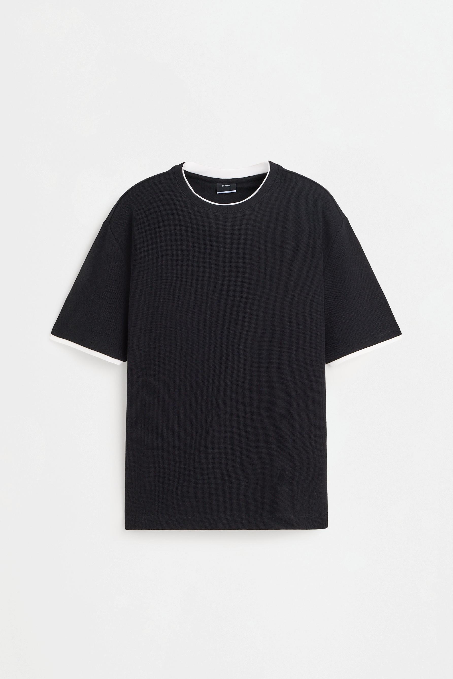 Textured T-shirt with double collar — BLACK