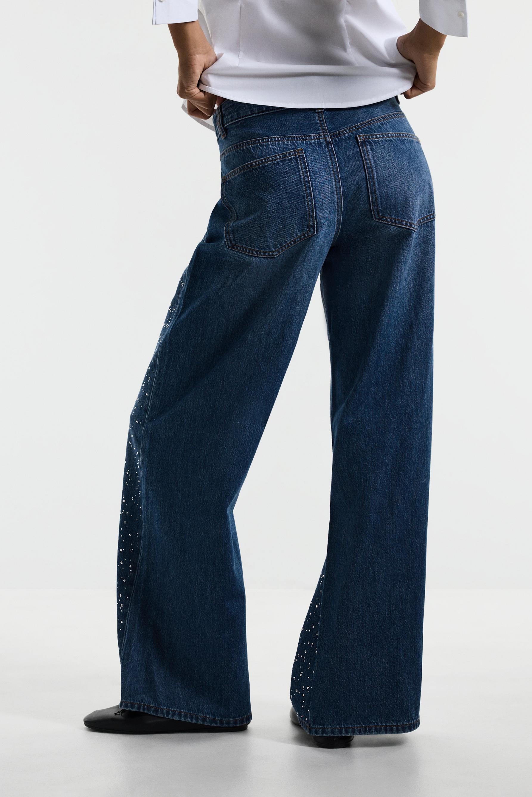Wide-leg rhinestone jeans — FADED INDIGO