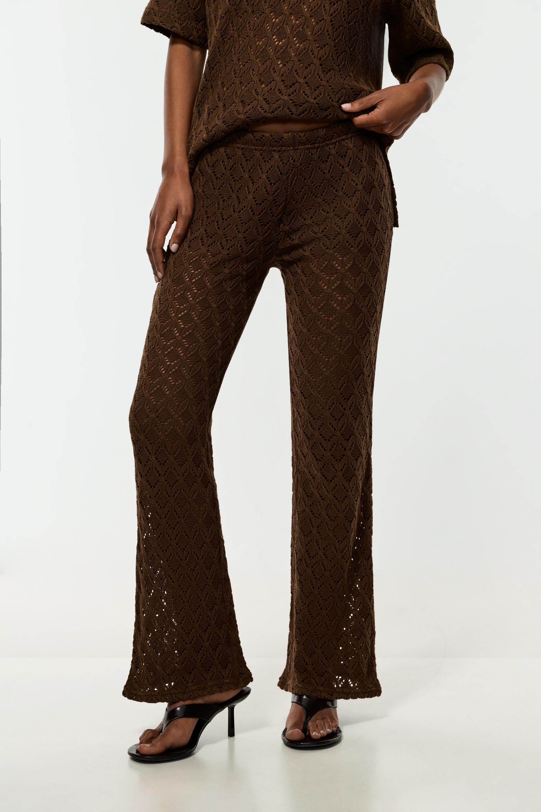 Crochet-effect bell bottom trousers — BROWN