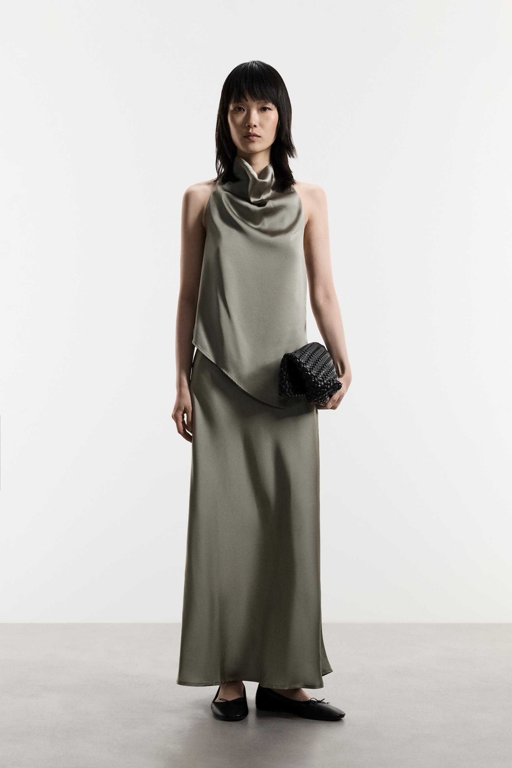 Asymmetric satin top — KHAKI