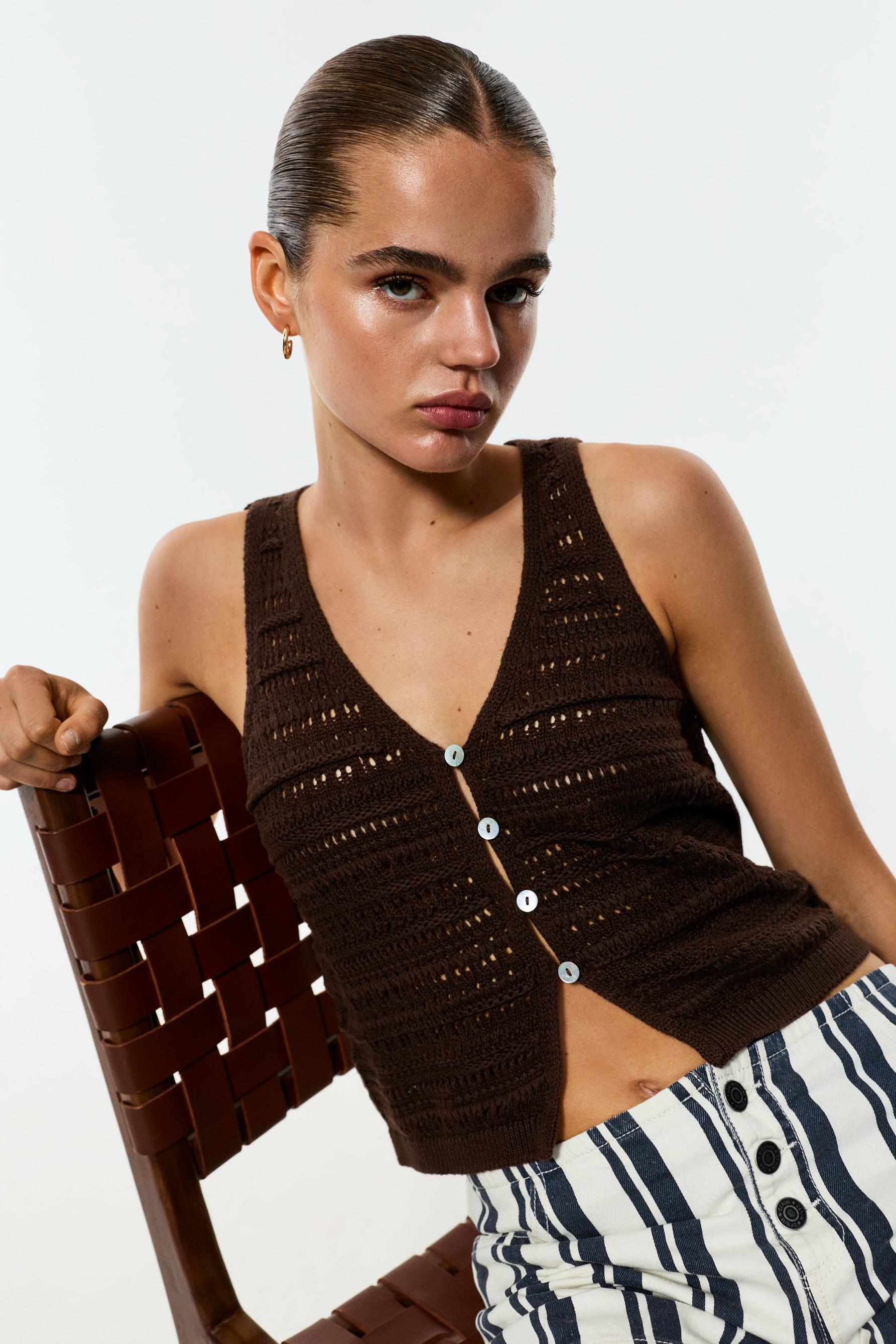 Cutwork knit top — DARK BROWN