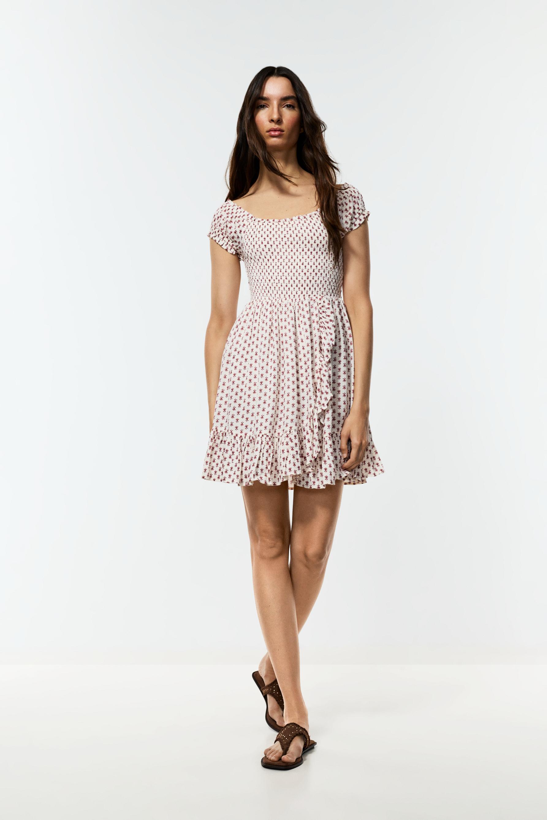 Smocked short dress — ECRU/MAROON