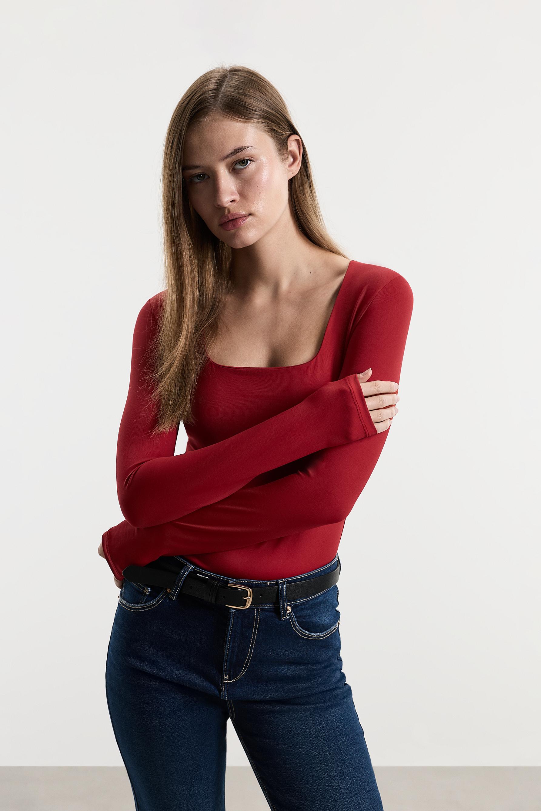 Polyamide square neckline bodysuit — RED