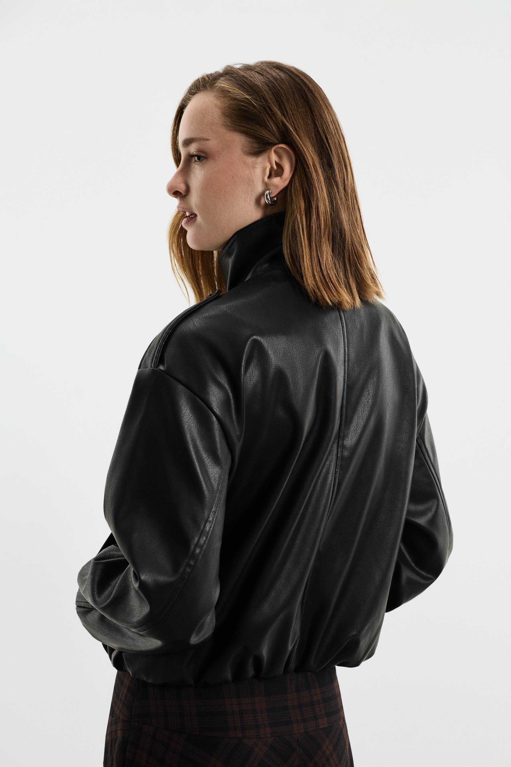 Cropped leather effect bomber jacket — BLACK