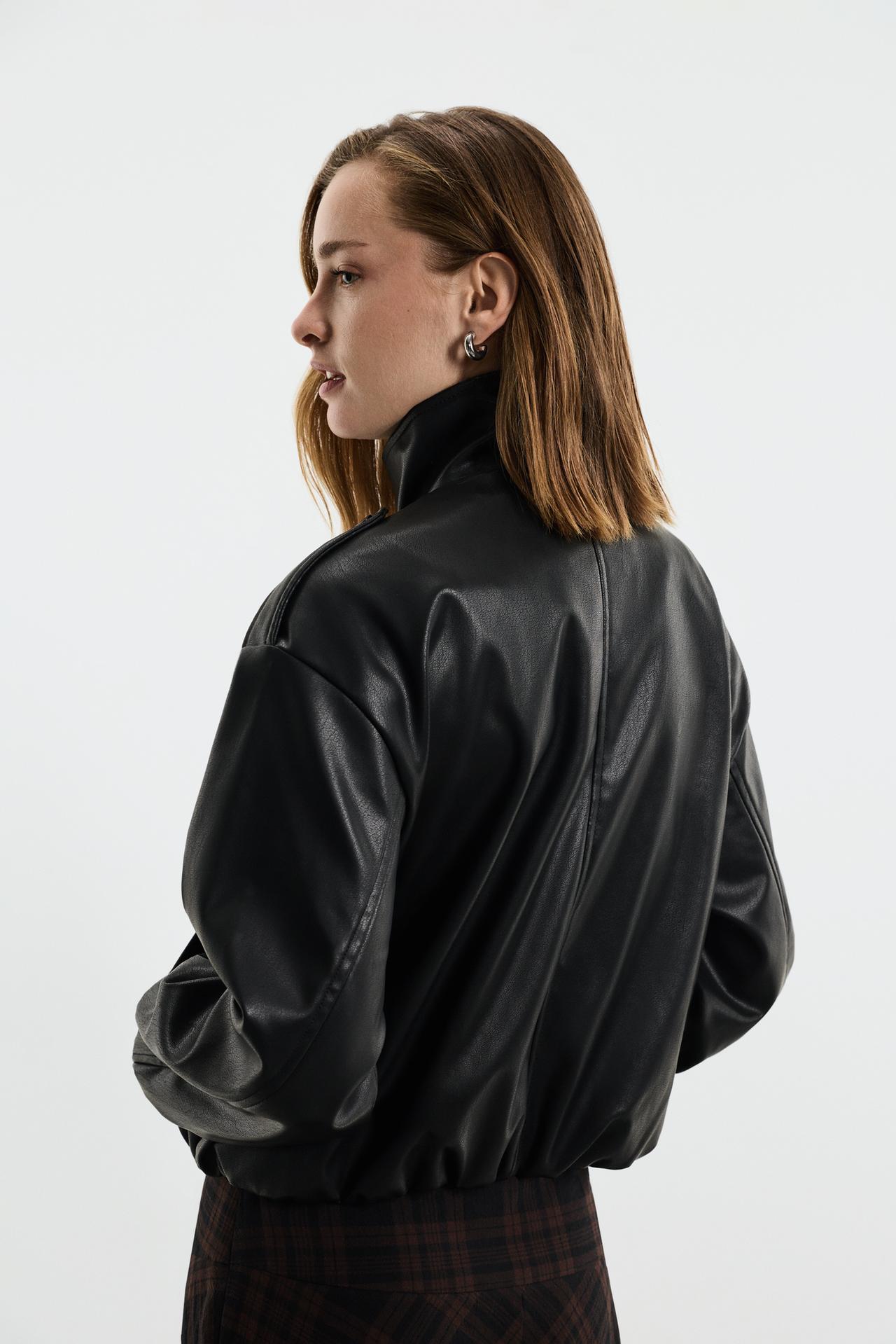 Cropped leather effect bomber jacket — BLACK