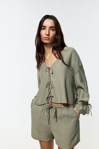 Textured tie-front shirt — PALE KHAKI 1