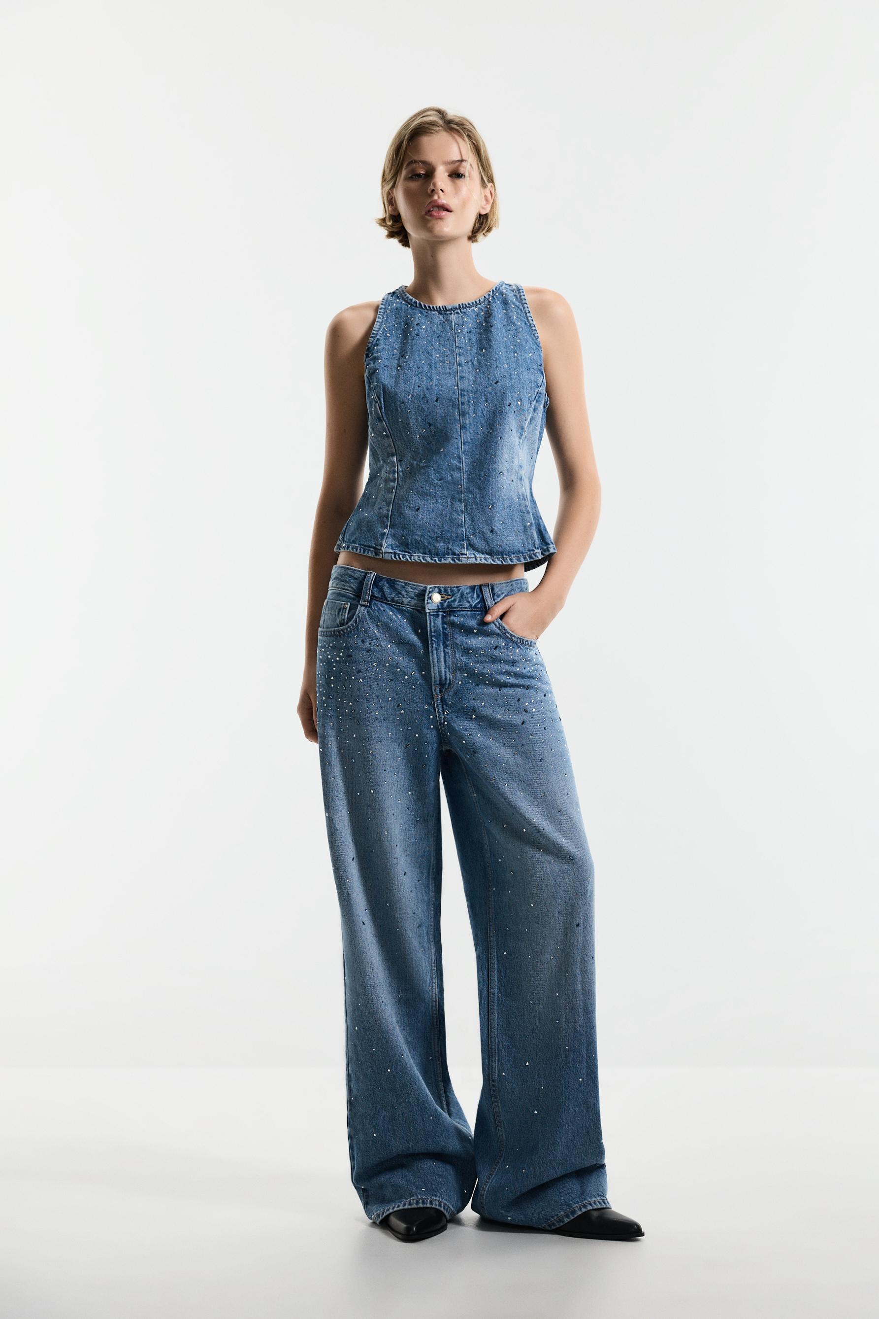 Rhinestone peplum denim top — DARK BLUE