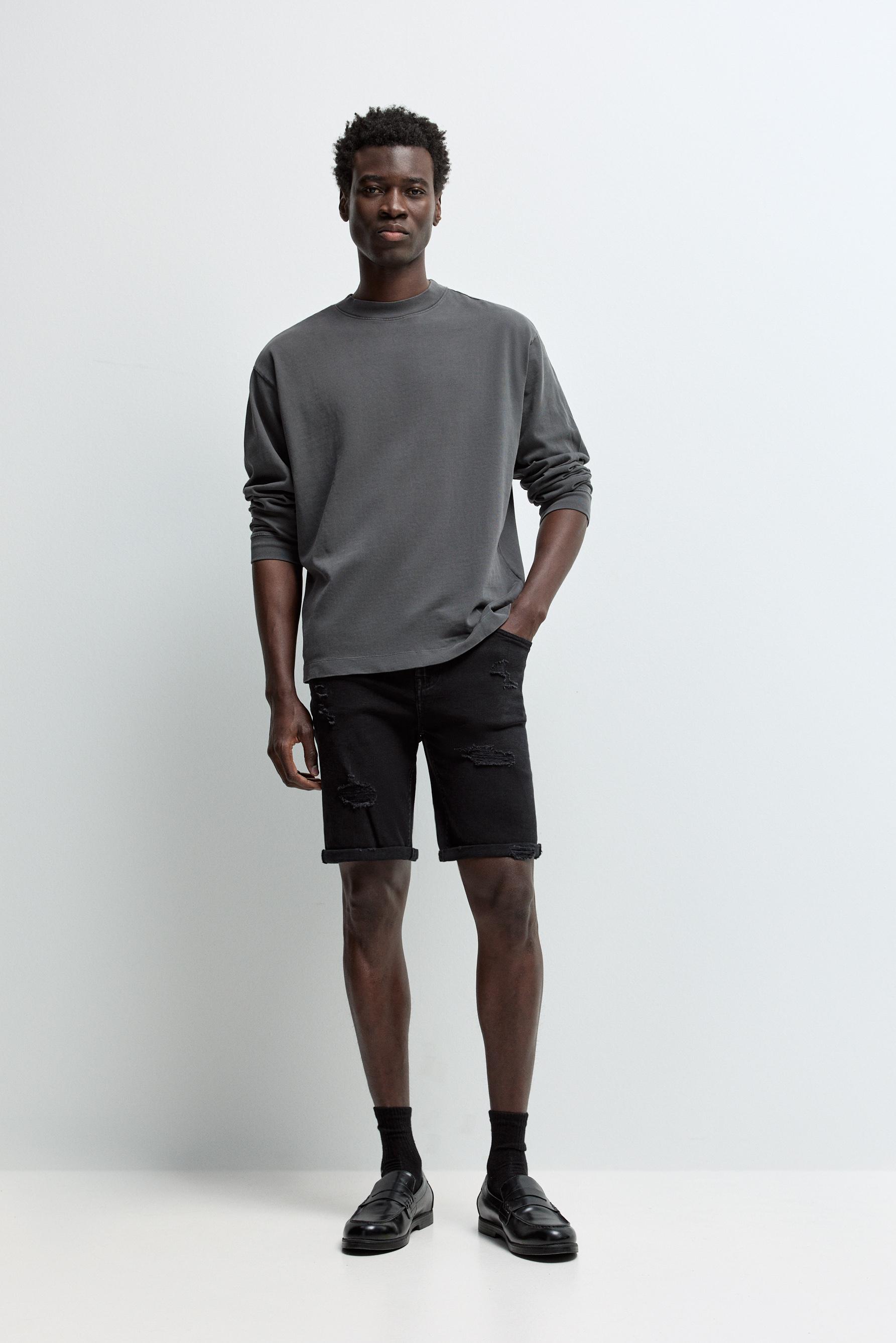 Distressed skinny denim Bermuda shorts — BLACK