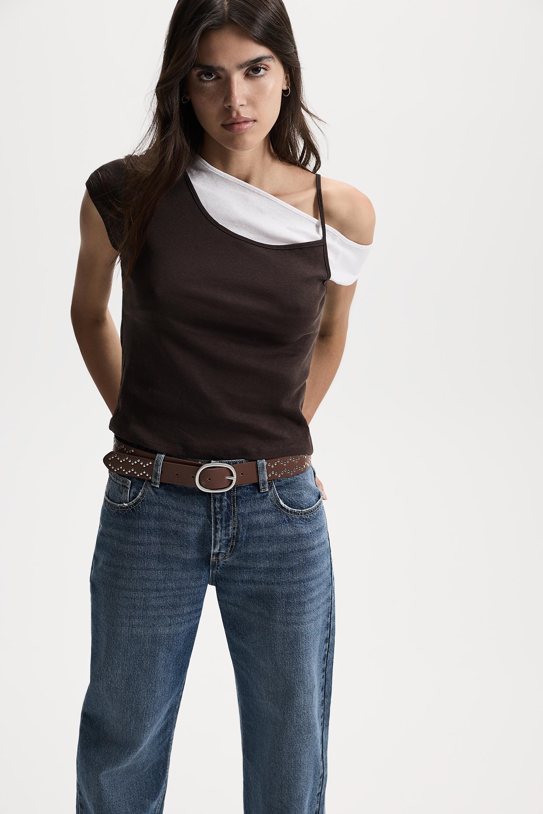 Asymmetric double-layer T-shirt — DARK BROWN