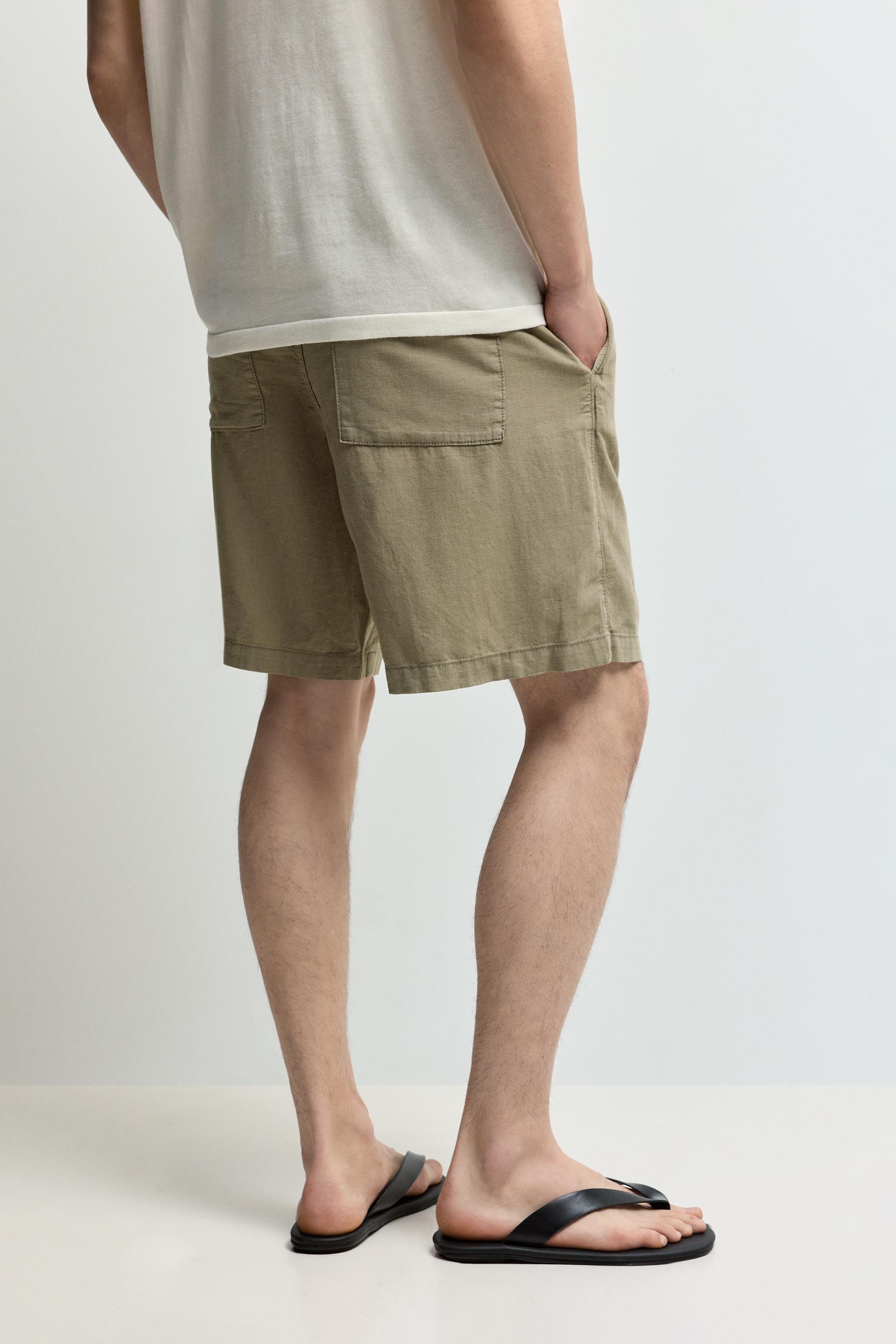 Linen-cotton jogger Bermuda shorts — KHAKI