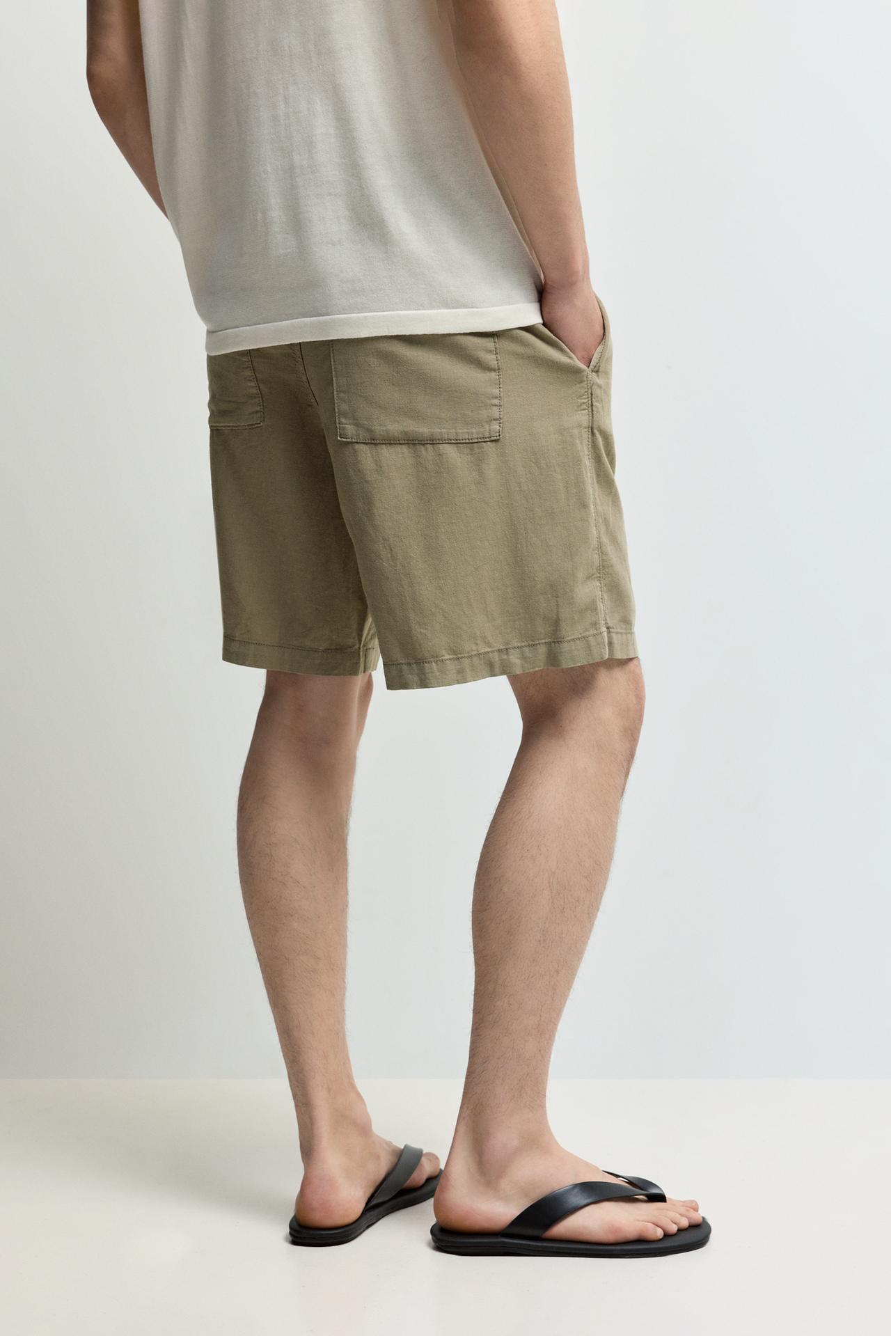 Linen-cotton jogger Bermuda shorts — KHAKI