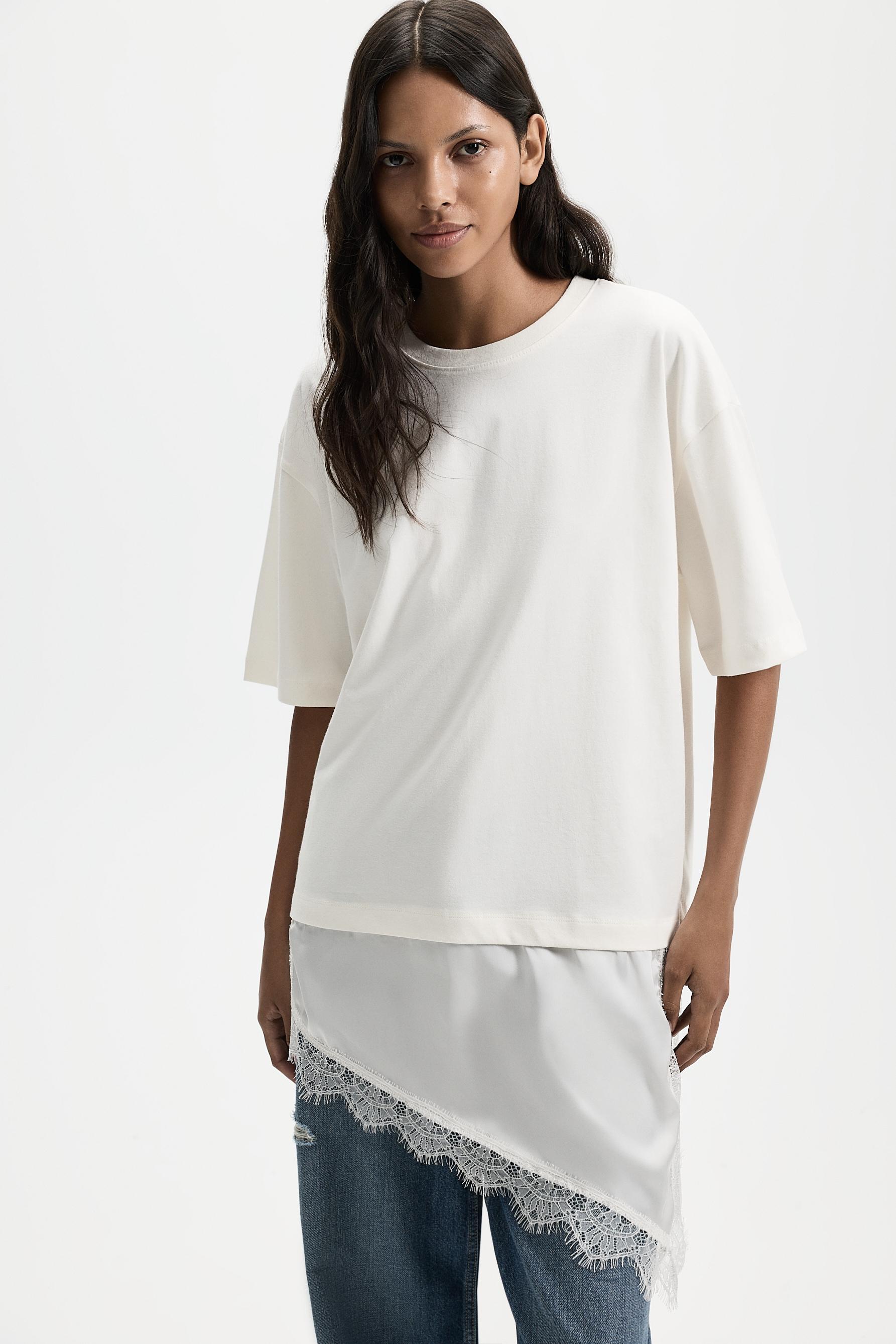 Lace hem T-shirt — ECRU