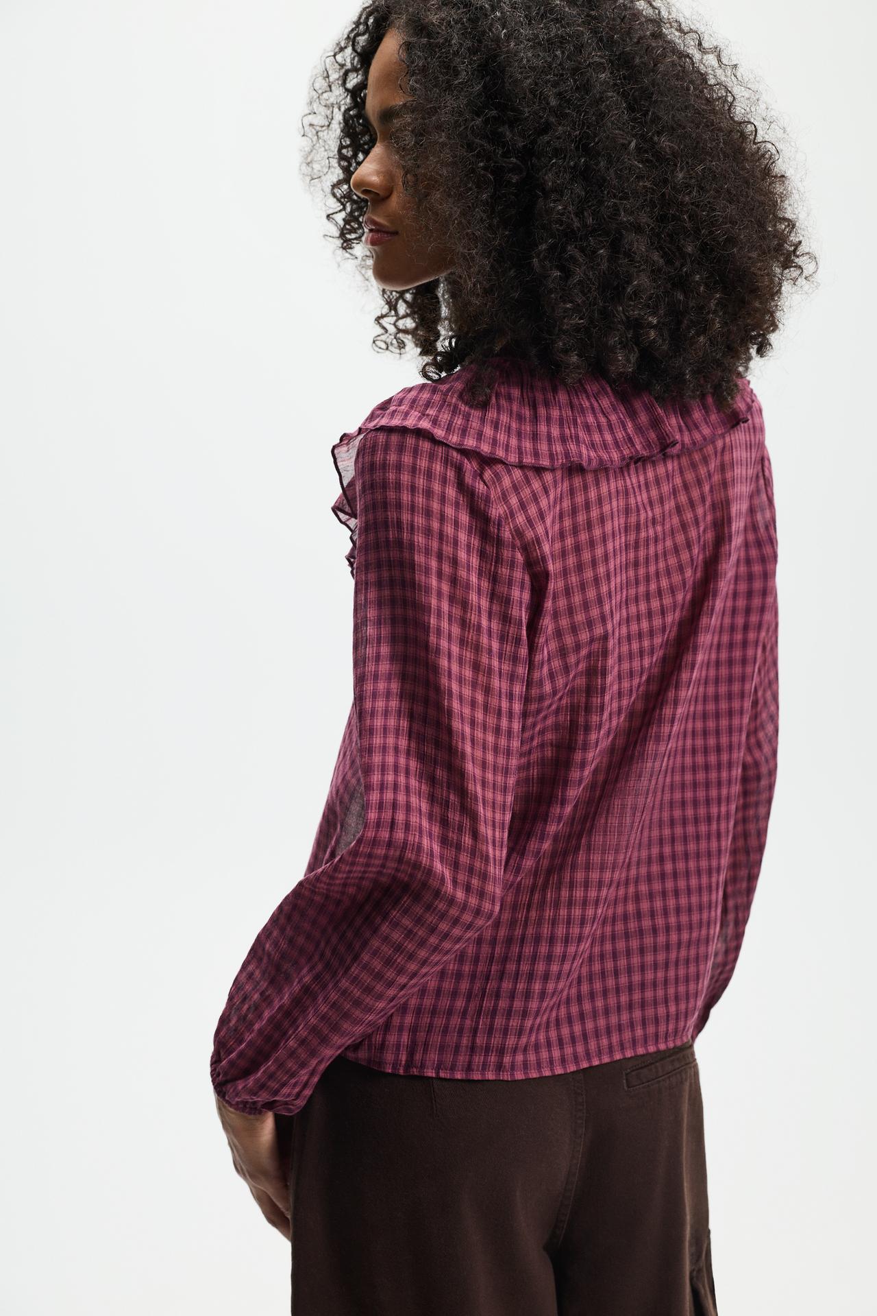 Plaid ruffle blouse — BURGUNDY