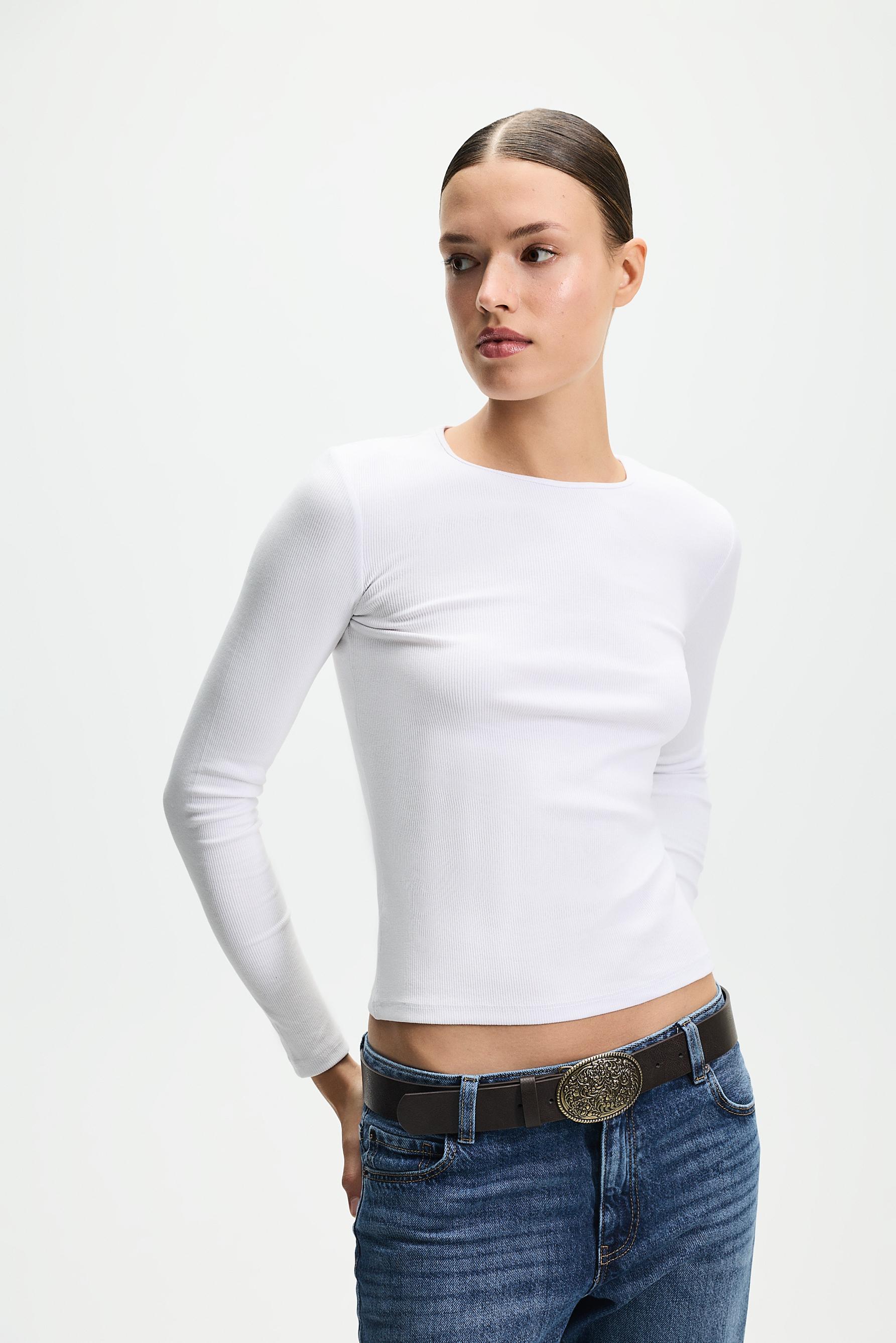 Ribbed long sleeve T-shirt — WHITE