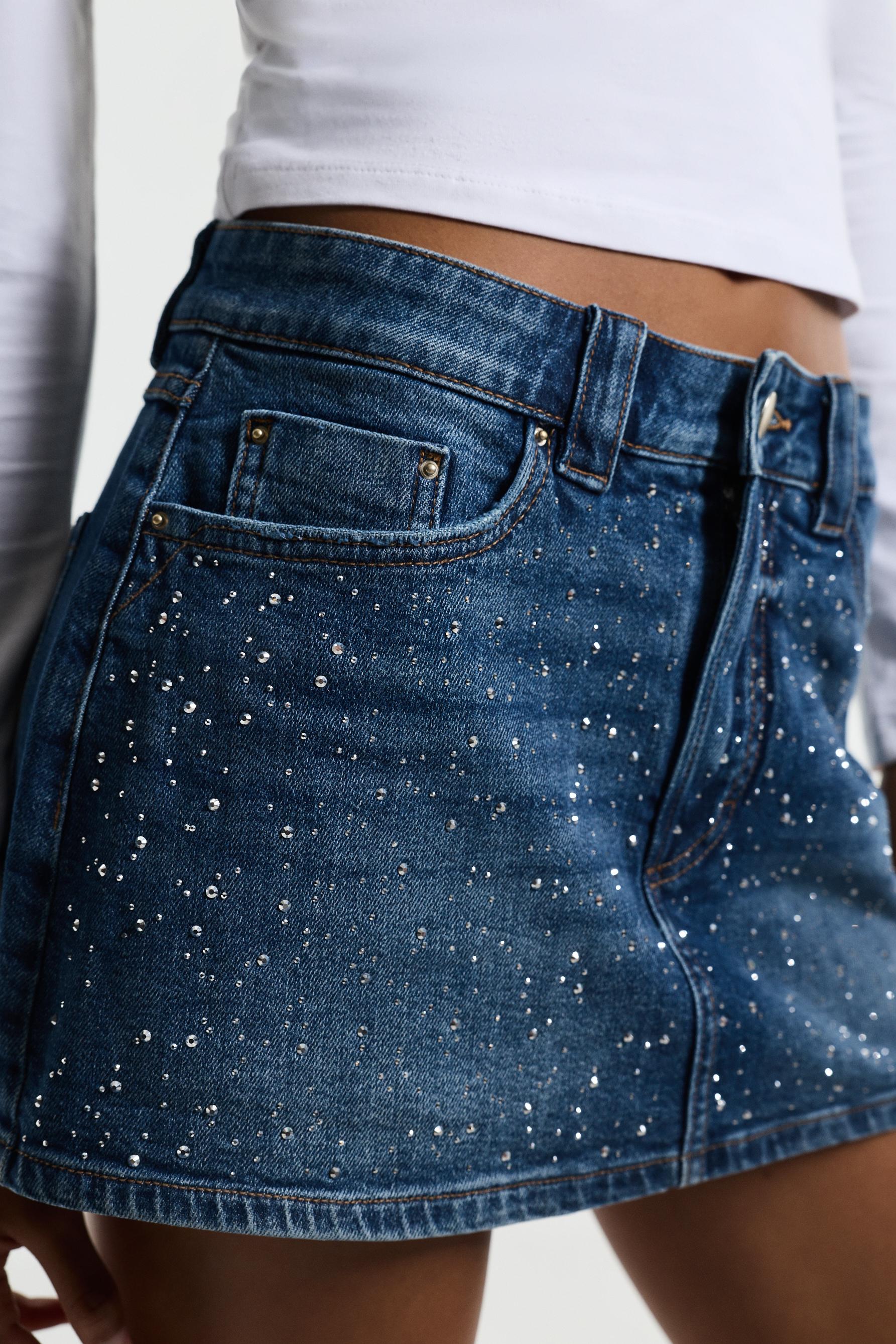 Rhinestone denim skort — FADED INDIGO