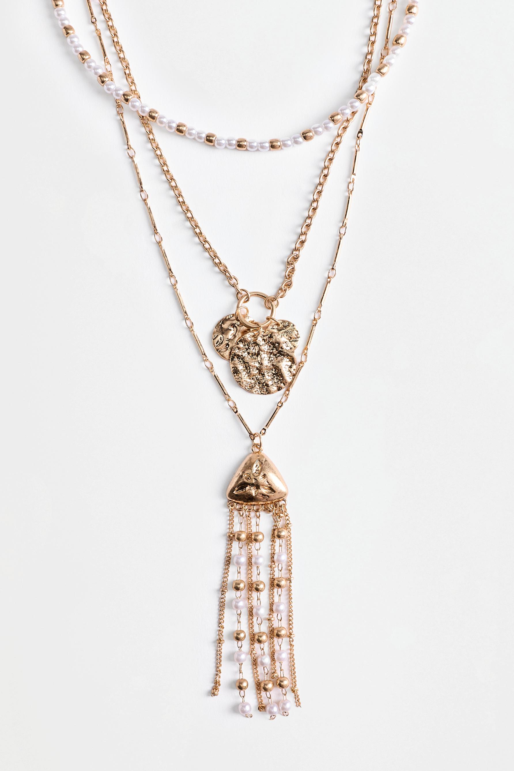 Layered faux pearl and fringe necklace — GOLD