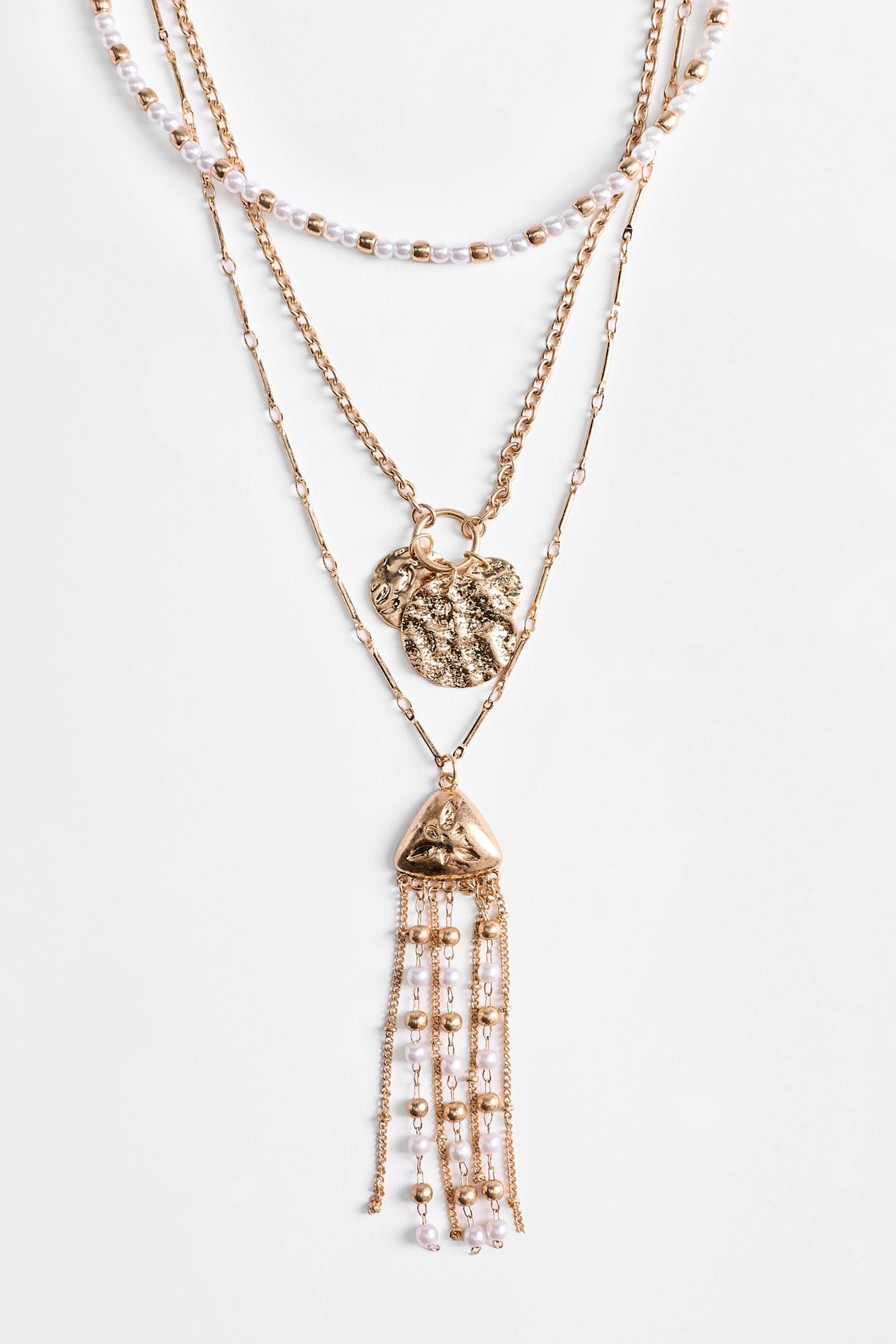 Layered faux pearl and fringe necklace — GOLD