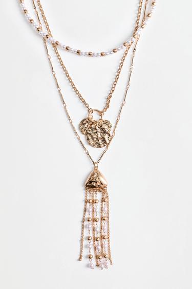 Layered faux pearl and fringe necklace — GOLD 3