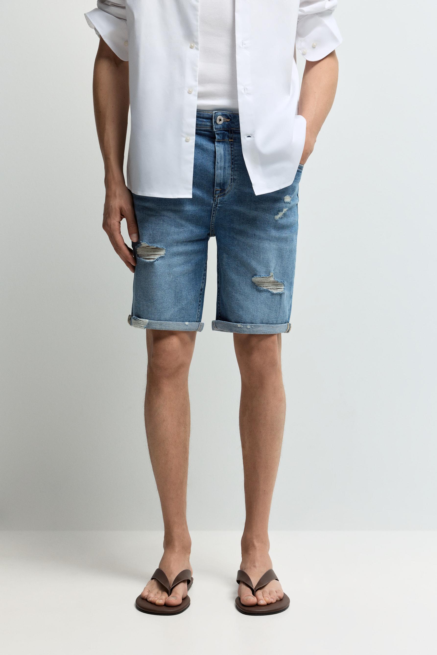 Distressed skinny denim Bermuda shorts — FADED SKY BLUE