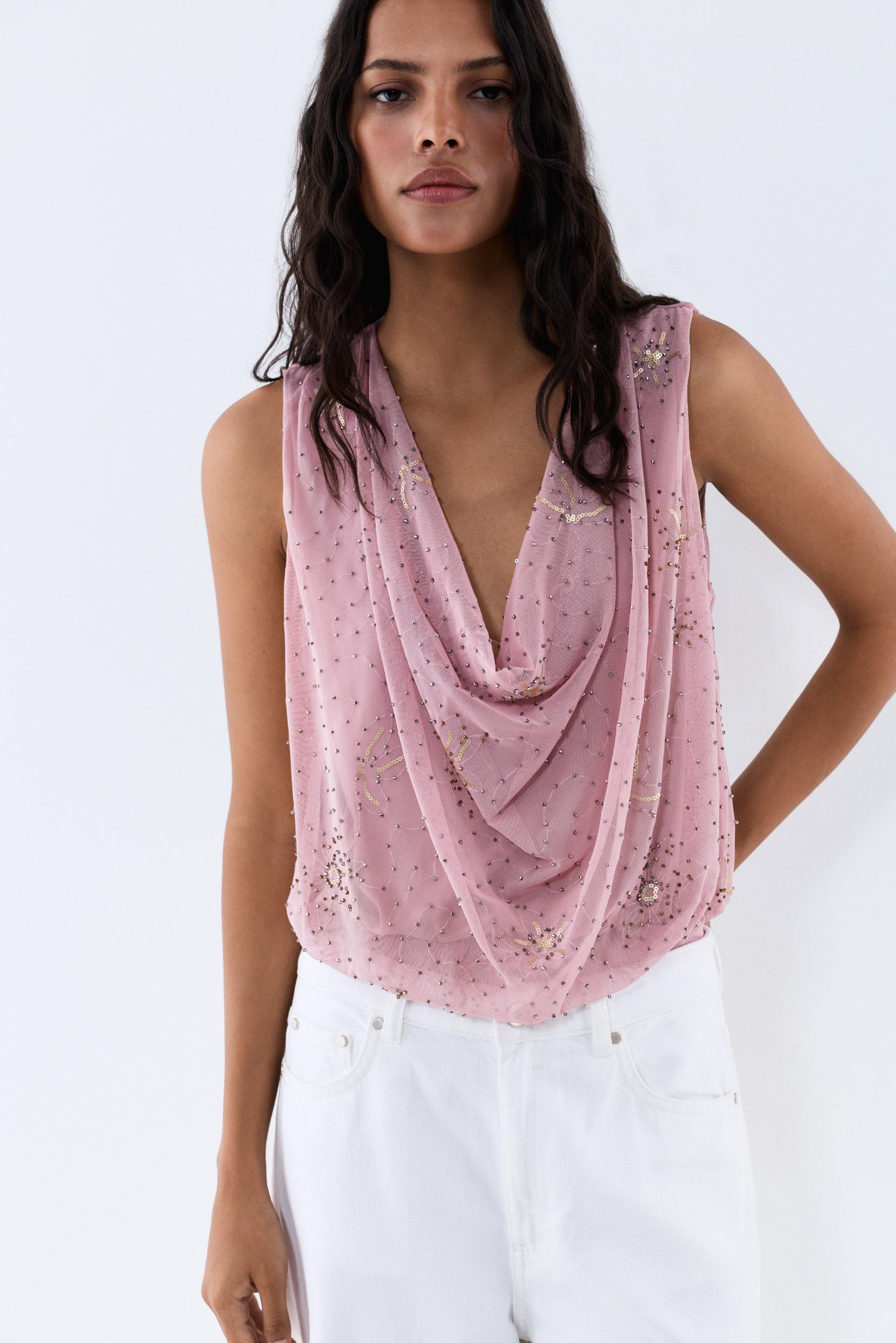 Rhinestone embroidered bodysuit — PINK