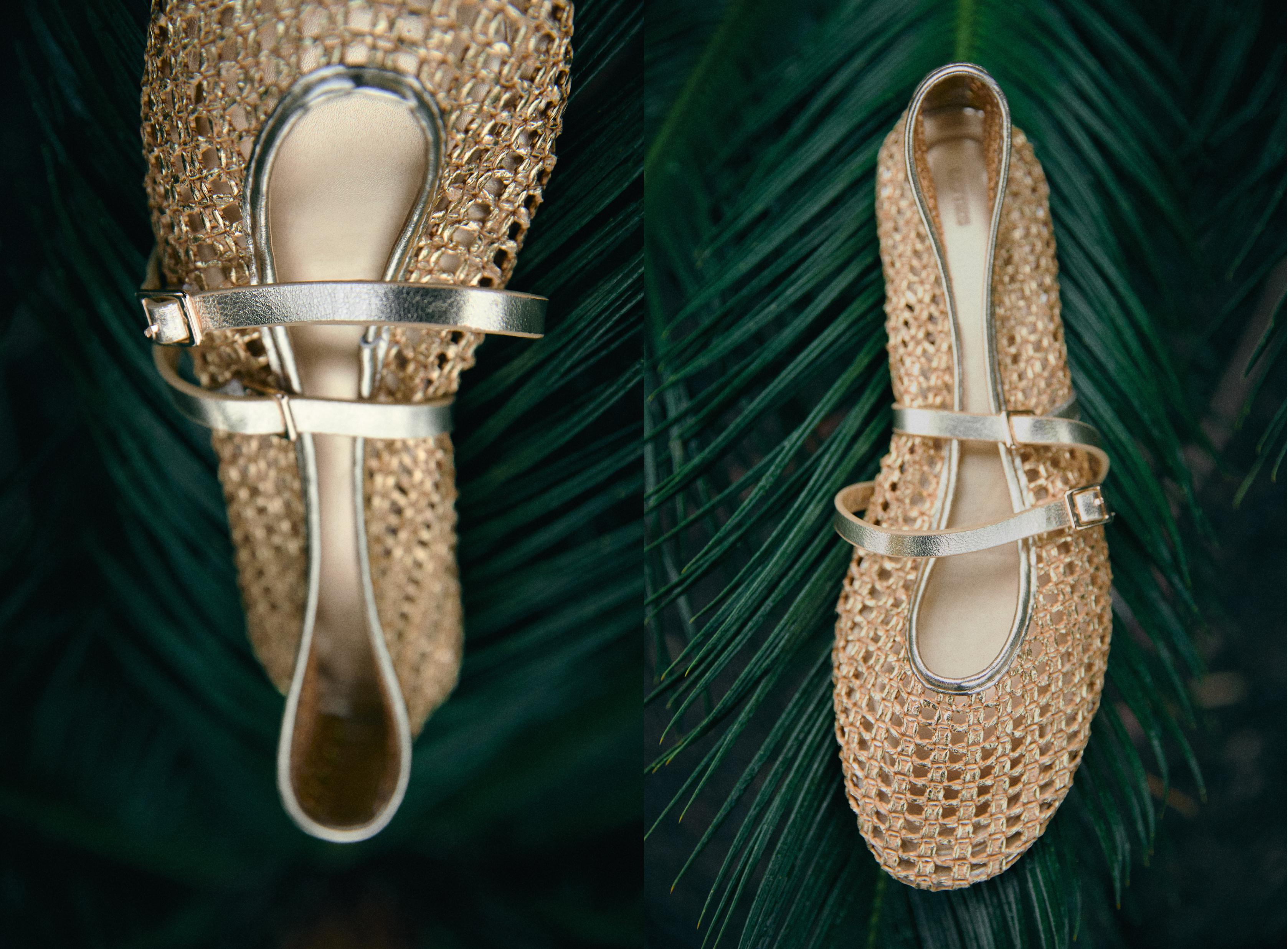 DOUBLE RAFFIA STRAP BALLET FLATS — GOLD