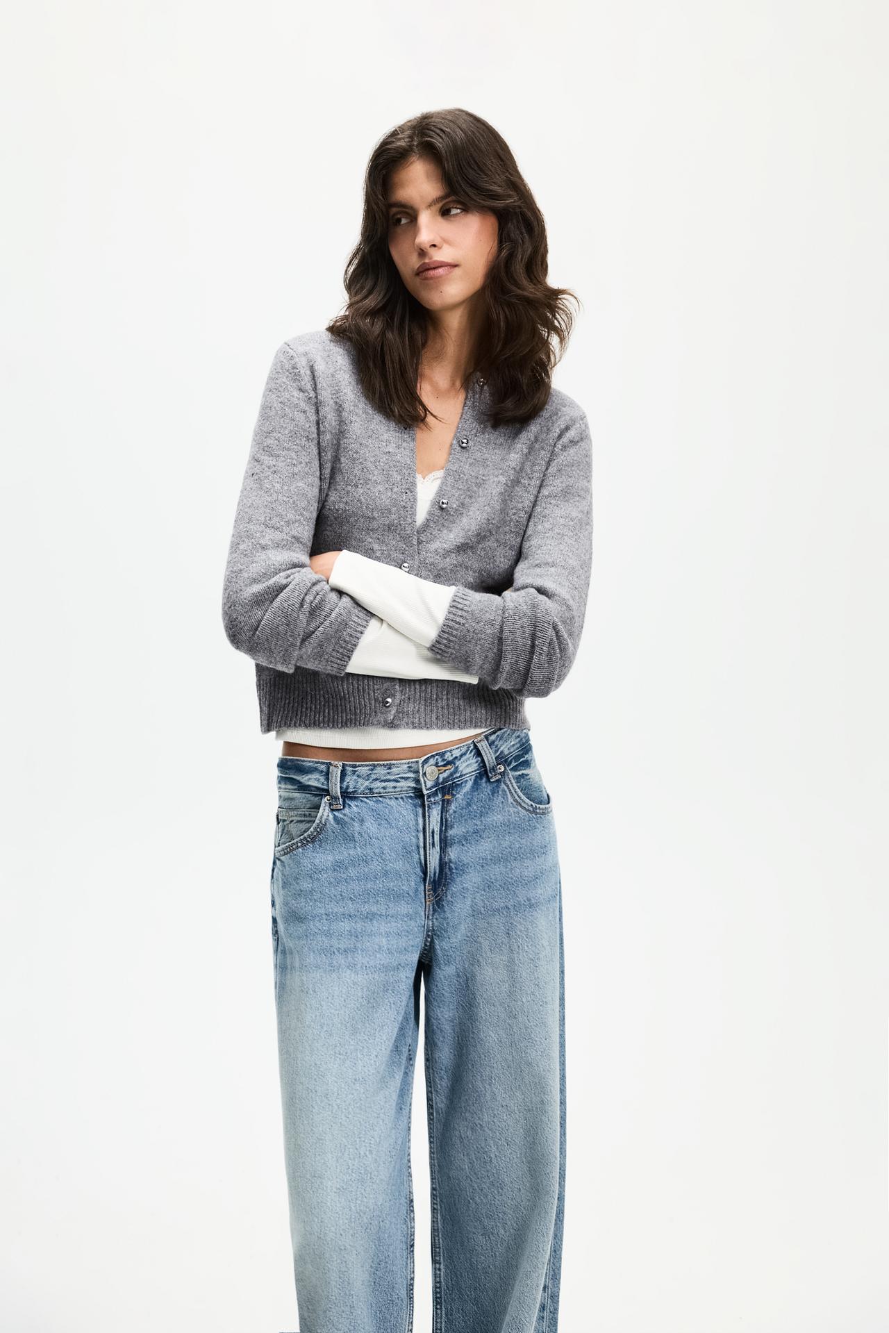 Round neck knit jacket — MEDIUM GREY