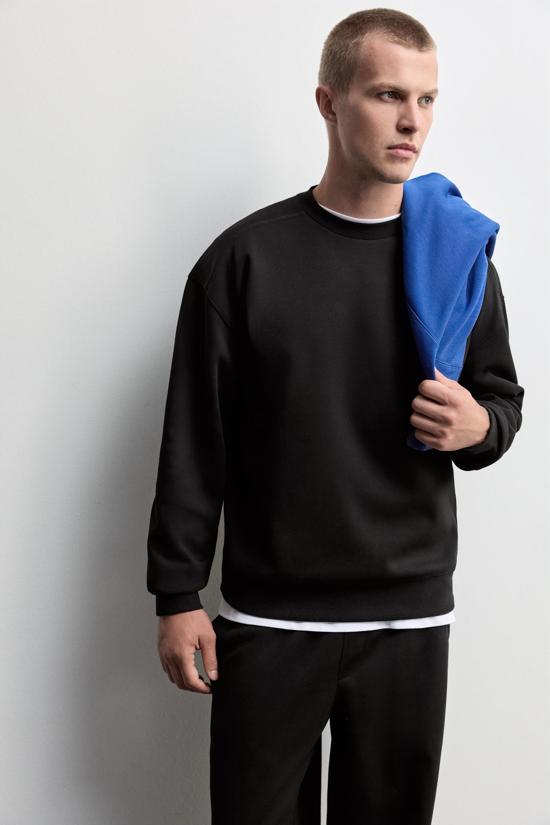 Round neck interlock sweatshirt — BLACK