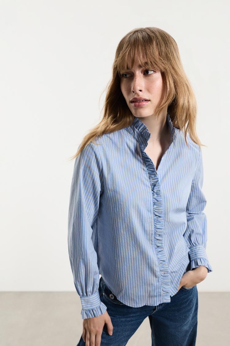 Striped pleated ruffle shirt — BLUE/WHITE