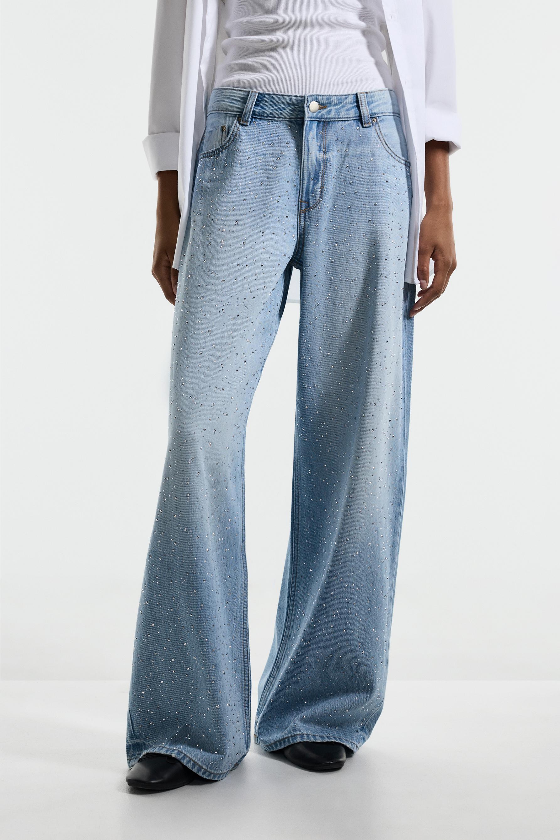 Wide-leg rhinestone jeans — FADED NAVY