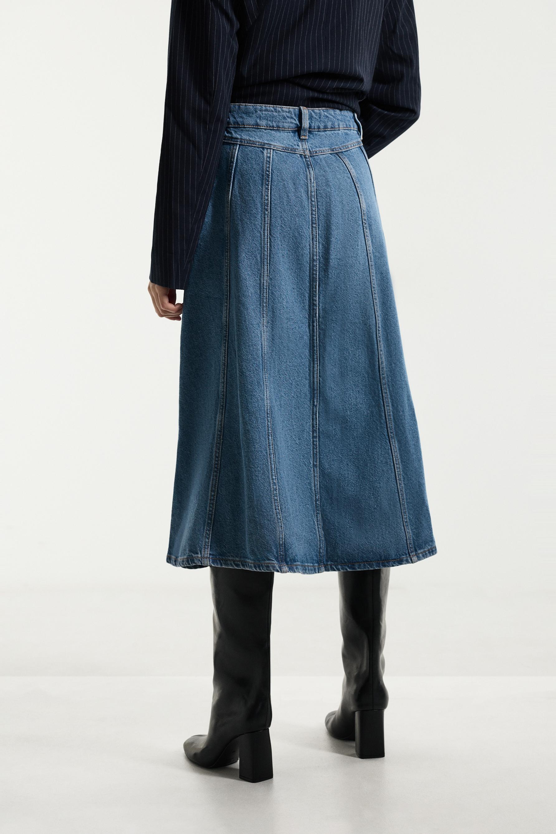 Godet denim midi skirt — FADED BLUE