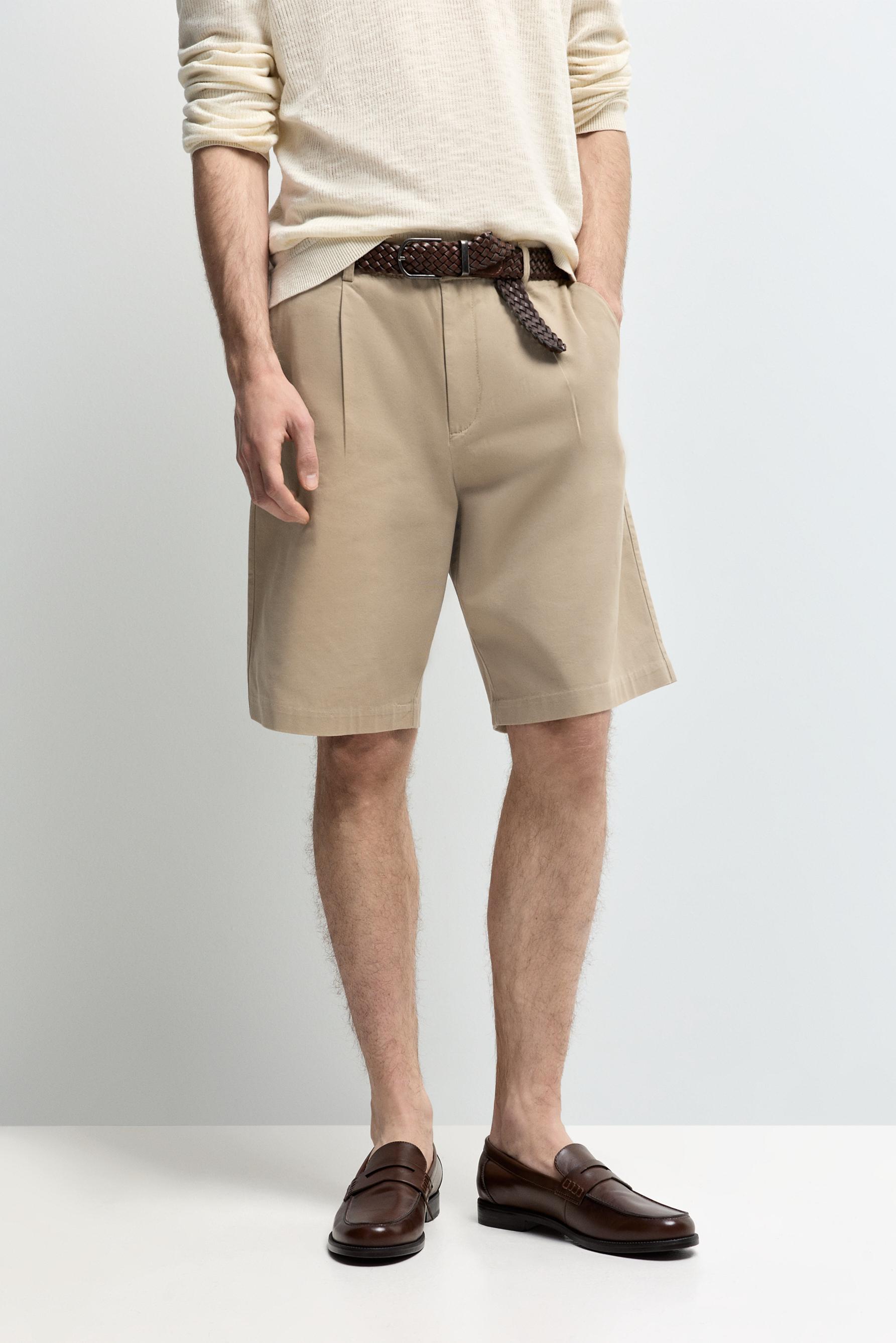 Pleated chino Bermuda shorts — SAND