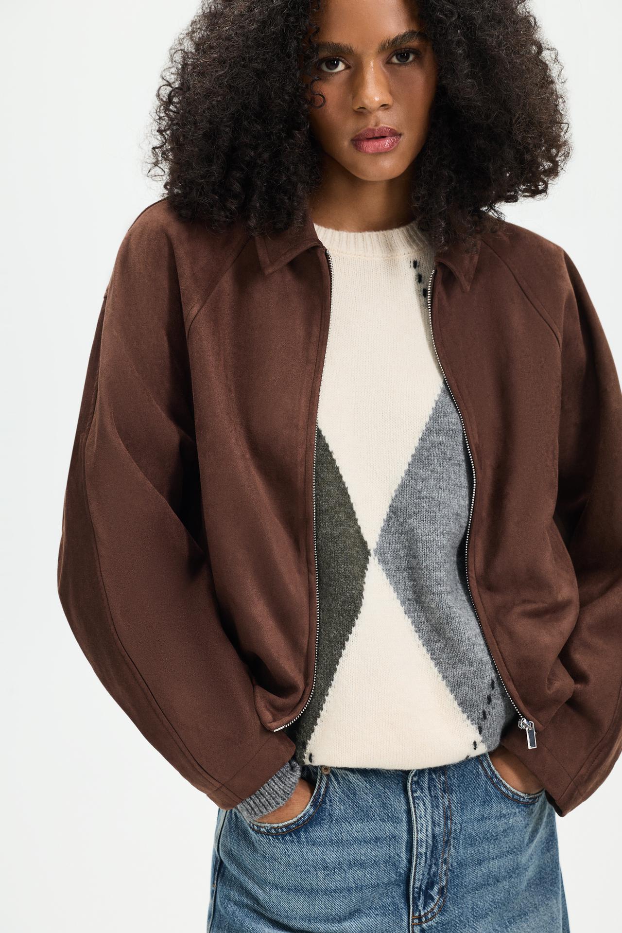 Puffed faux suede bomber jacket — CHOCOLATE BROWN