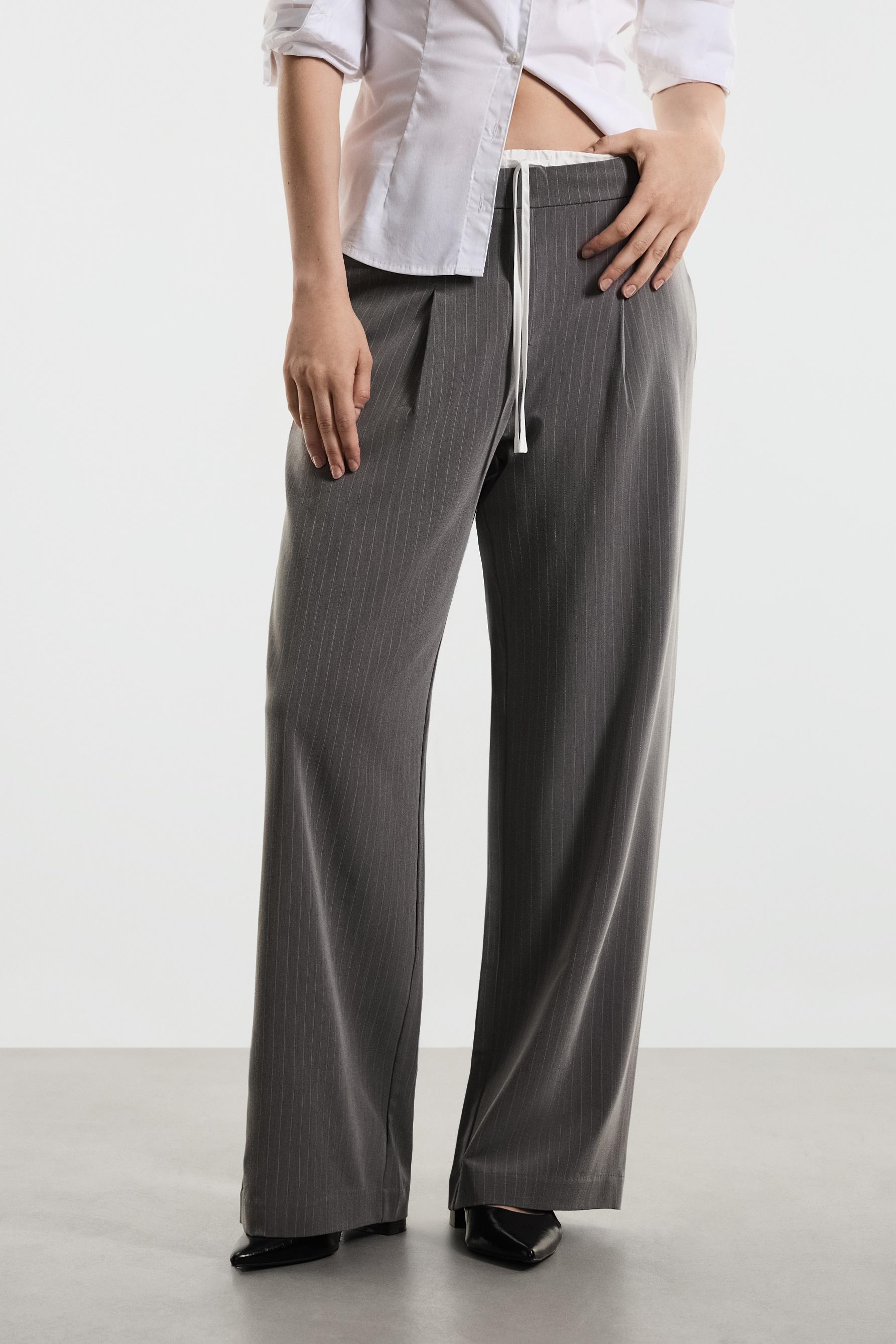 Striped contrast waistband trousers — GREY MARL